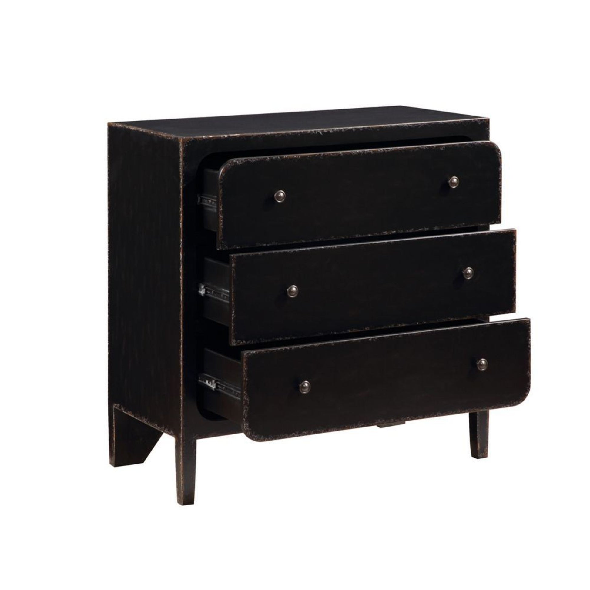 Black Wooden Distressed 3 Drawer Room Dresser with Silver Knob Handles