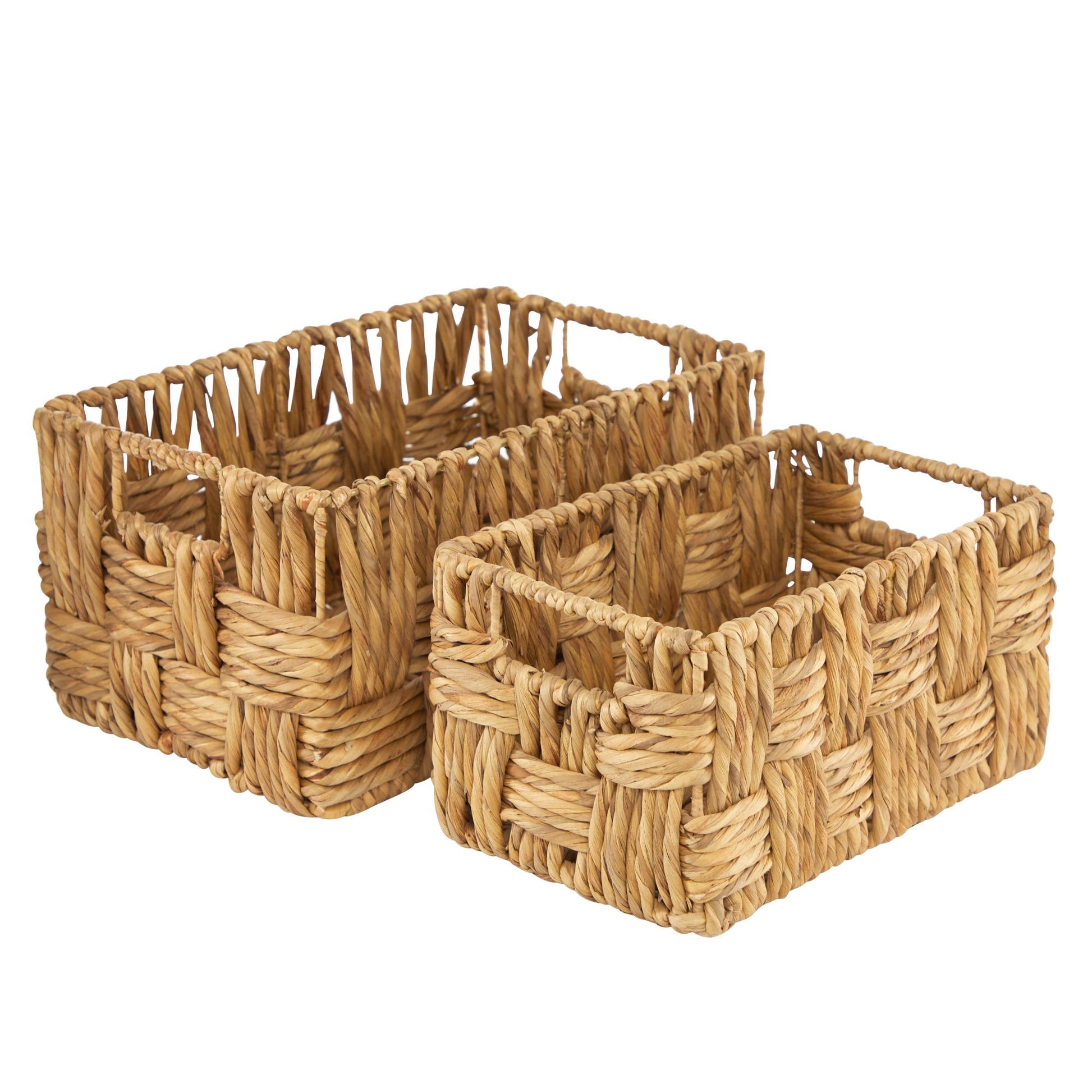 Set of 2 Brown Jute Rope Handmade Woven Rectangular Decorative and Functional Storage Basket with Slit Handles