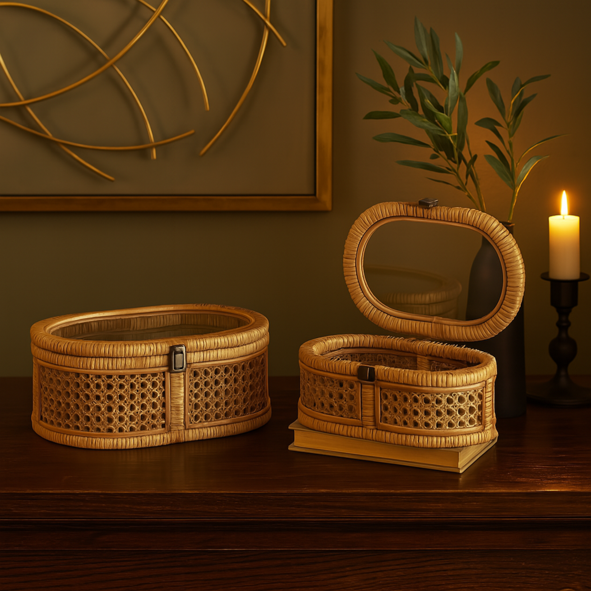 Set of 2 Brown Rattan Handmade Wrapped Oval Storage Decorative Box with Cane Panels and Tempered Glass Tops