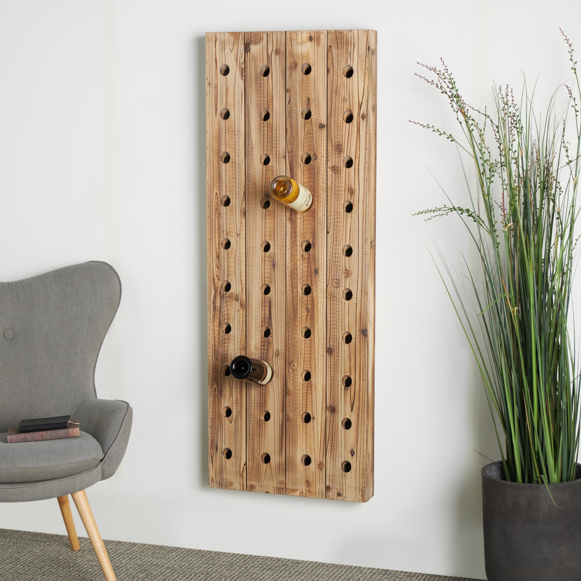 Brown Wood Tall 40 Hole Display Wall Wine Rack