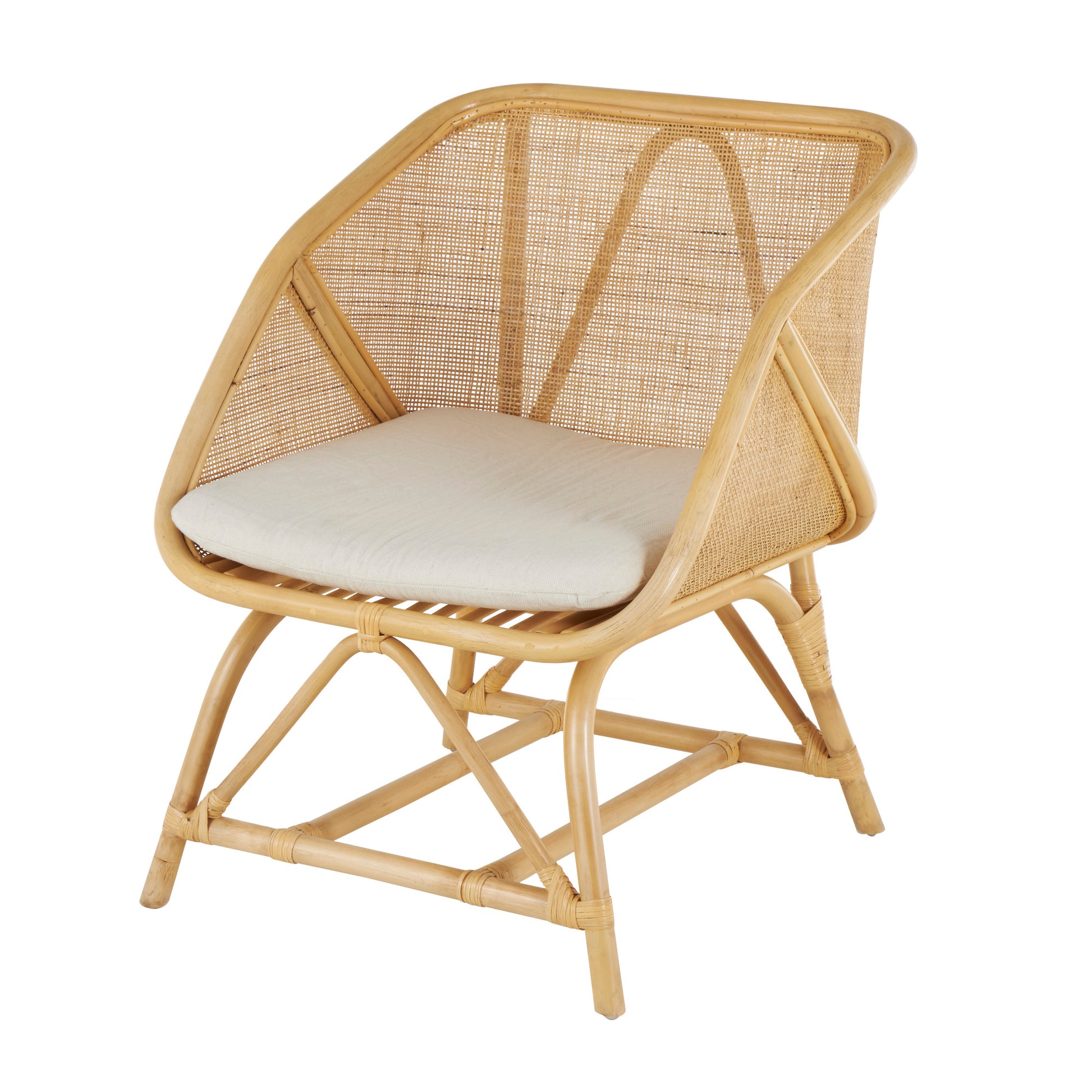 Light Brown Rattan Woven Squared Living Room Accent Chair with White Fabric Cushion