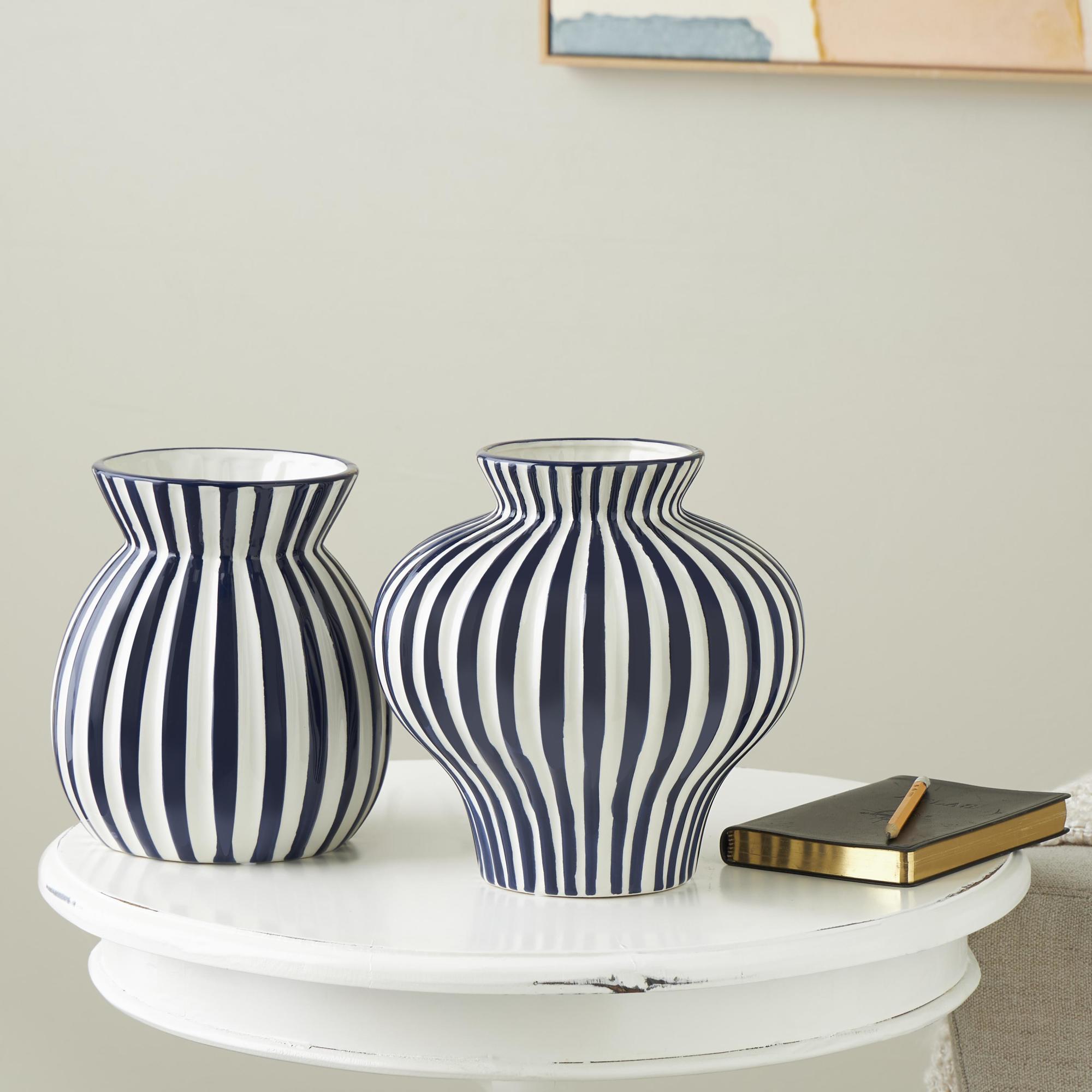 Set of 2 Blue Ceramic Striped Rounded Decorative Vase with Varying Shapes