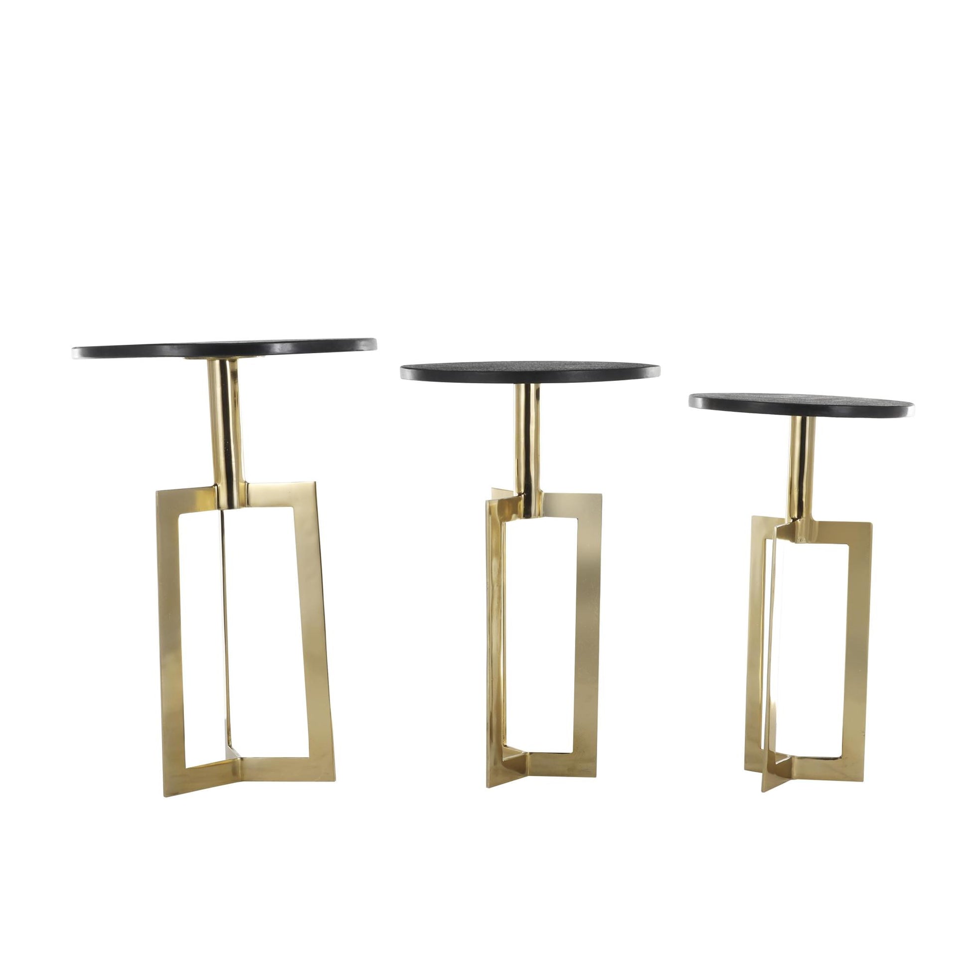 Set of 3 Geometric Aluminum Metal Side End Accent Table with Black Marble Tabletops Set of 3 24", 23", 21"H