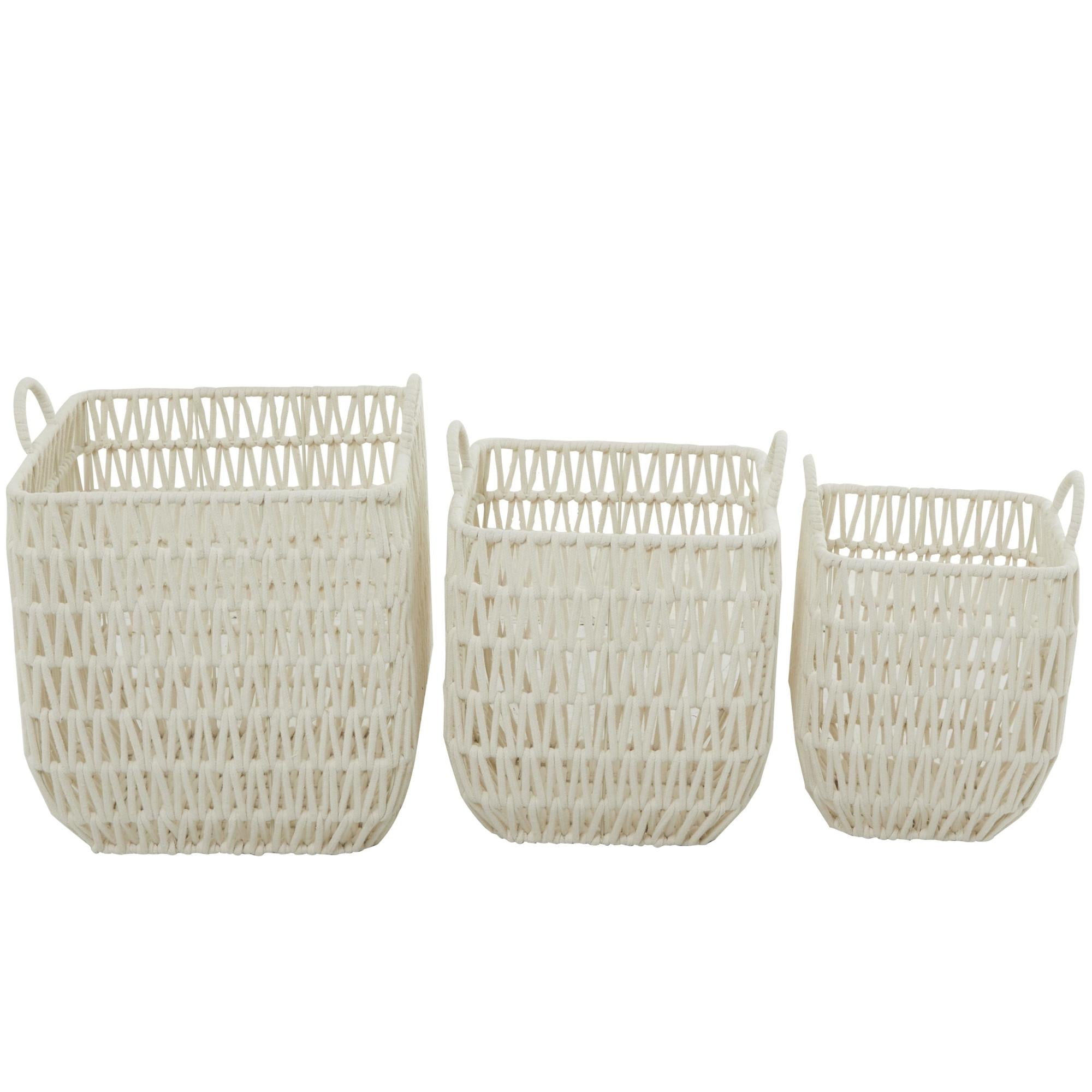 CosmoLiving by Cosmopolitan Set of 3 White Cotton Fabric Handmade Decorative and Functional Storage Basket with Handles