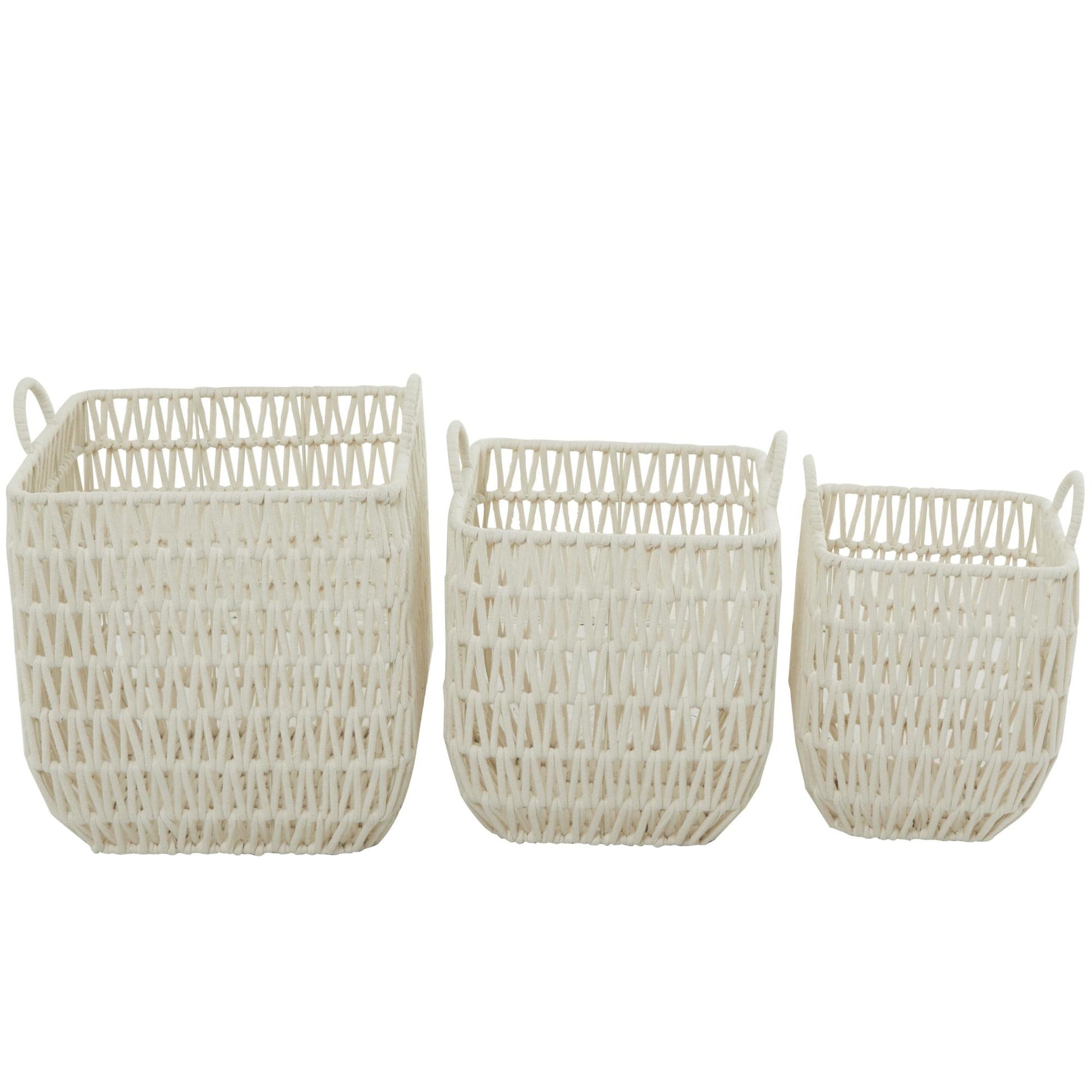 CosmoLiving by Cosmopolitan Set of 3 White Cotton Fabric Handmade Decorative and Functional Storage Basket with Handles