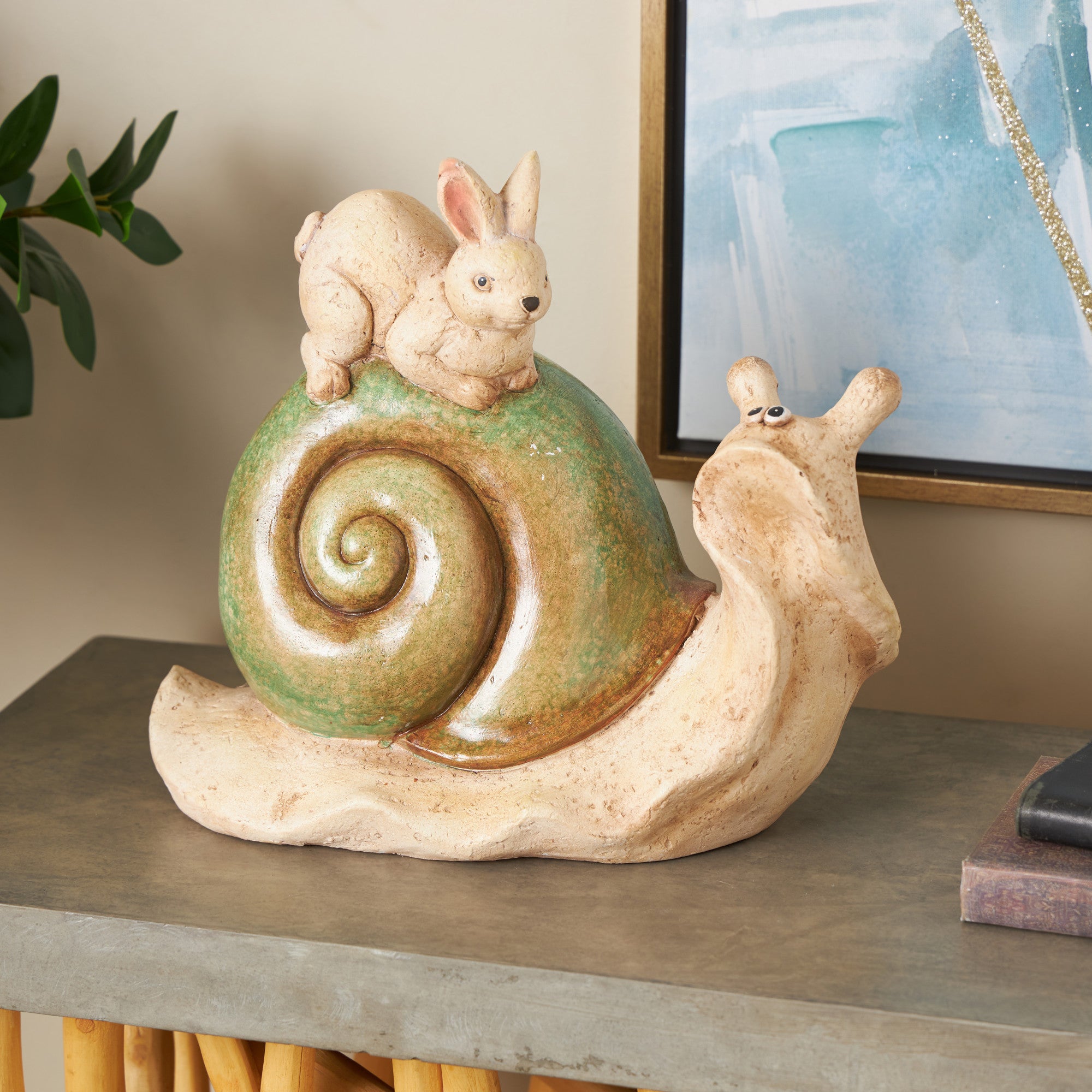 Snail Cream Magnesium Oxide Decorative Garden Sculpture with Rabbit and Green Accents