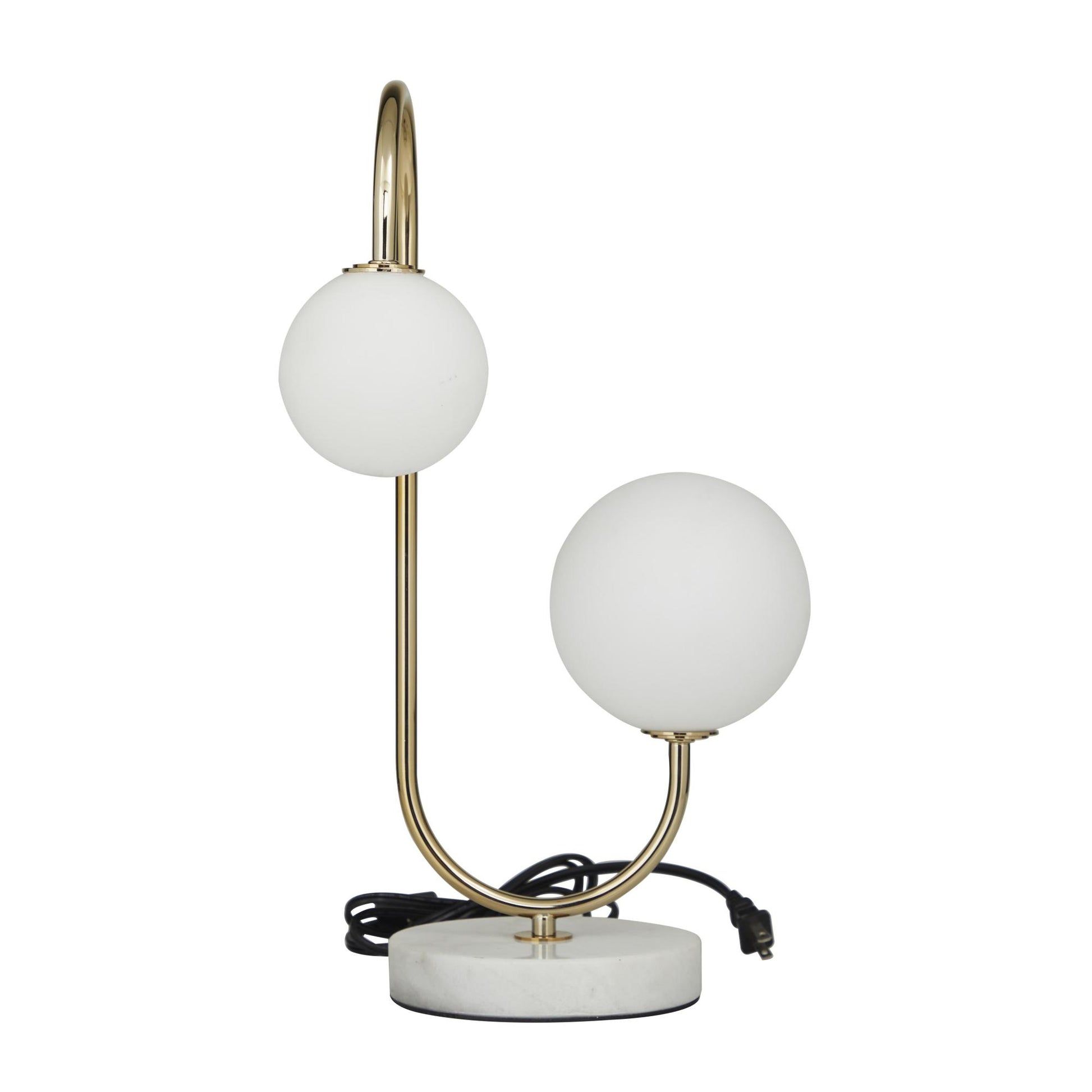 Gold Metal Curved Orb 2 Light Room Table Lamp with White Glass Shades and Marble Base