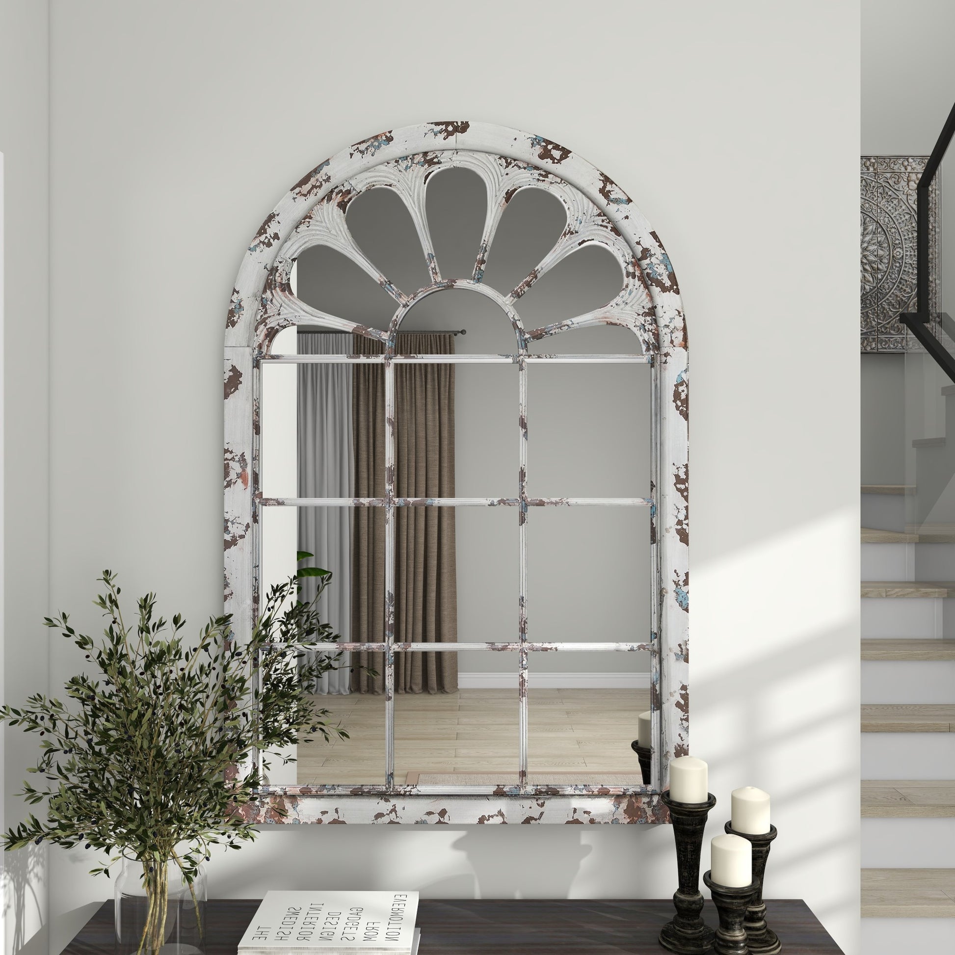 White Metal Window Pane Inspired Room Wall Mirror with Arched Top