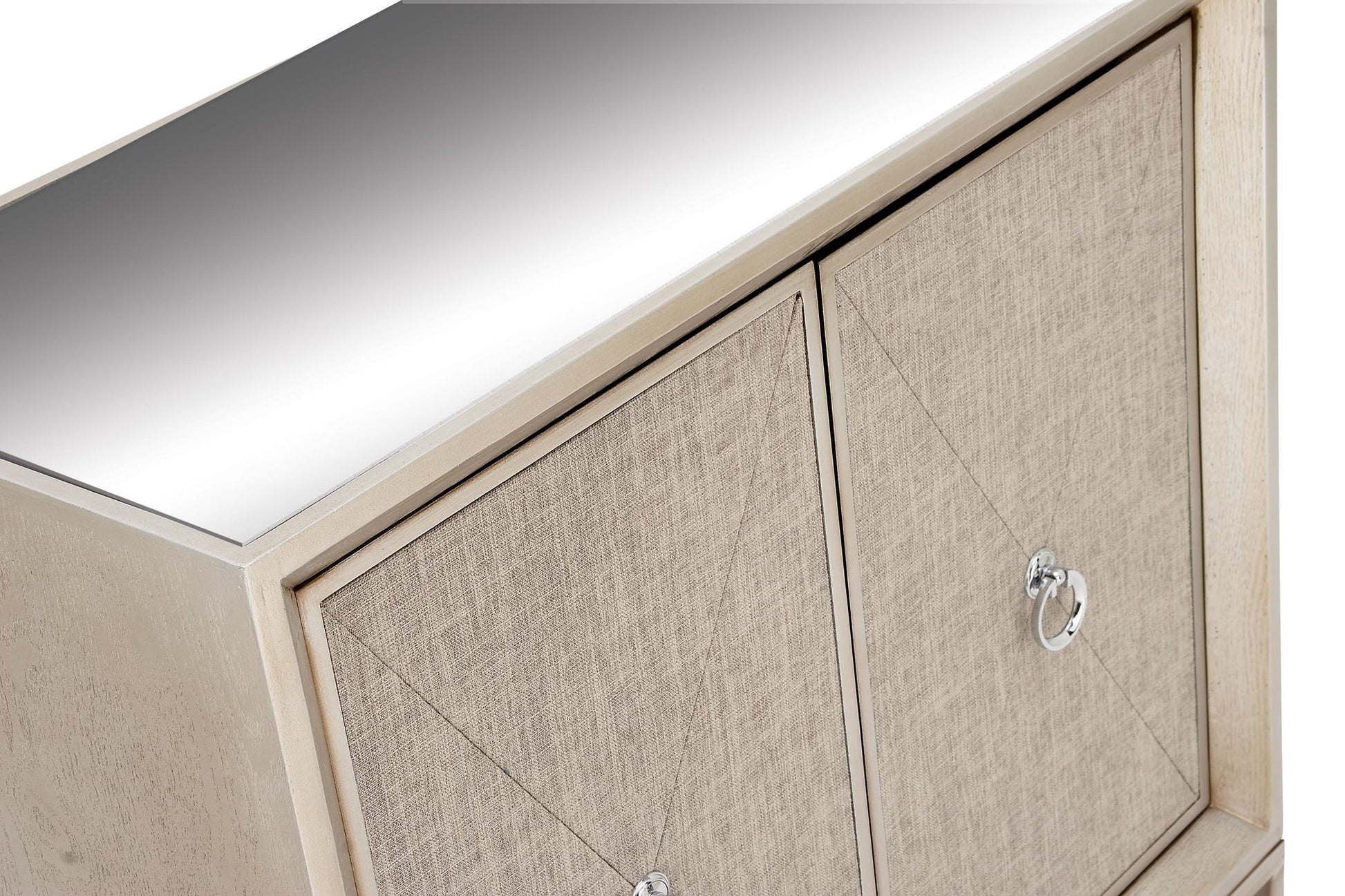 Beige Wooden Upholstered Front Panel 2 Door Room Cabinet with Mirrored Top and Ring Handles