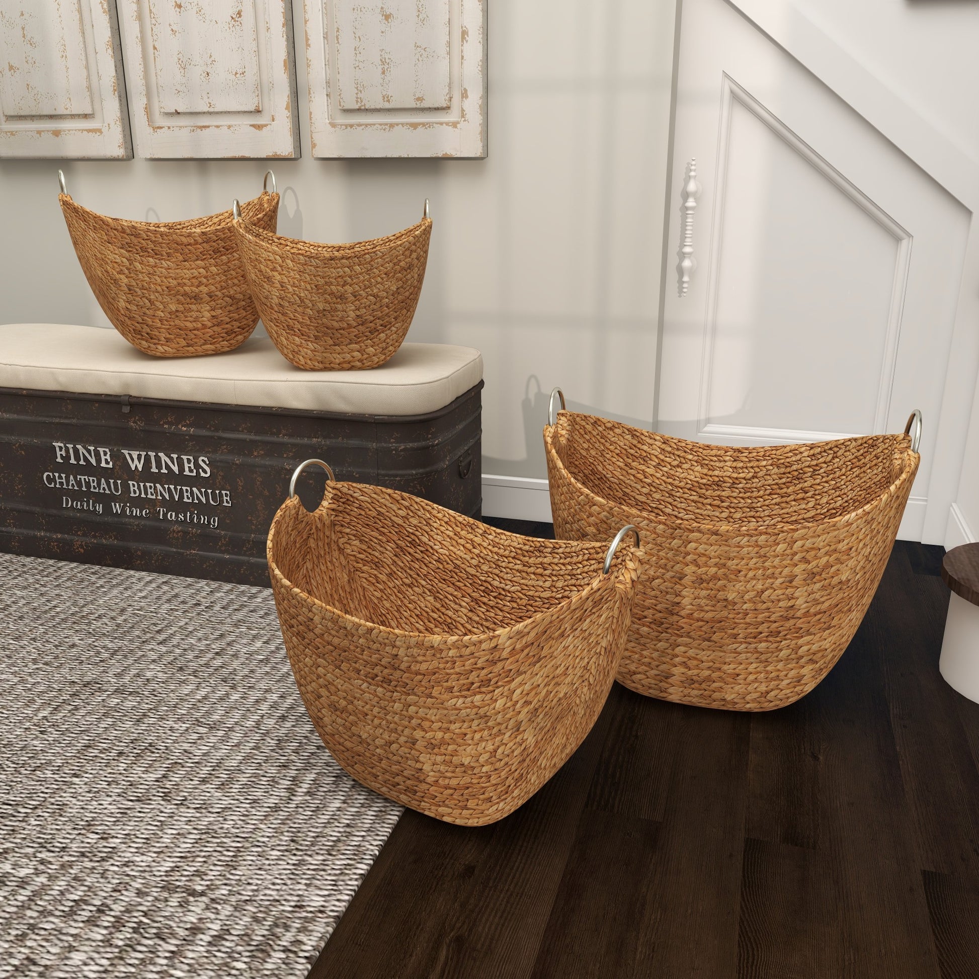 Set of 4 Brown Seagrass Handmade Woven Curved Decorative and Functional Storage Basket with Silver Metal Handles