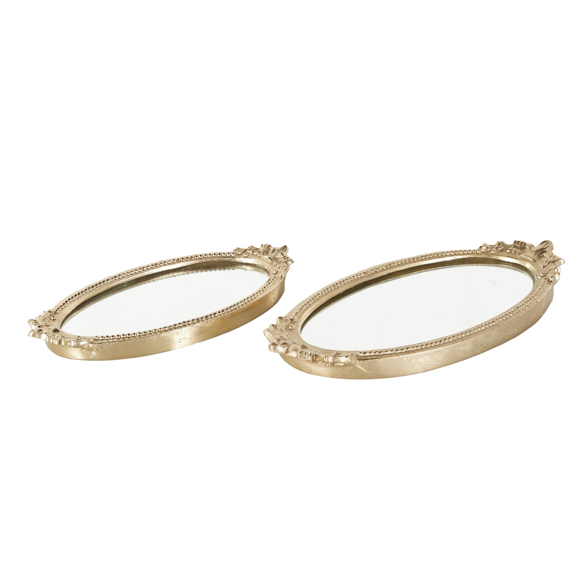 Set of 2 Leaf Gold Aluminum Metal Living Room Decor Tray with Mirrored Glass Interior and Handles