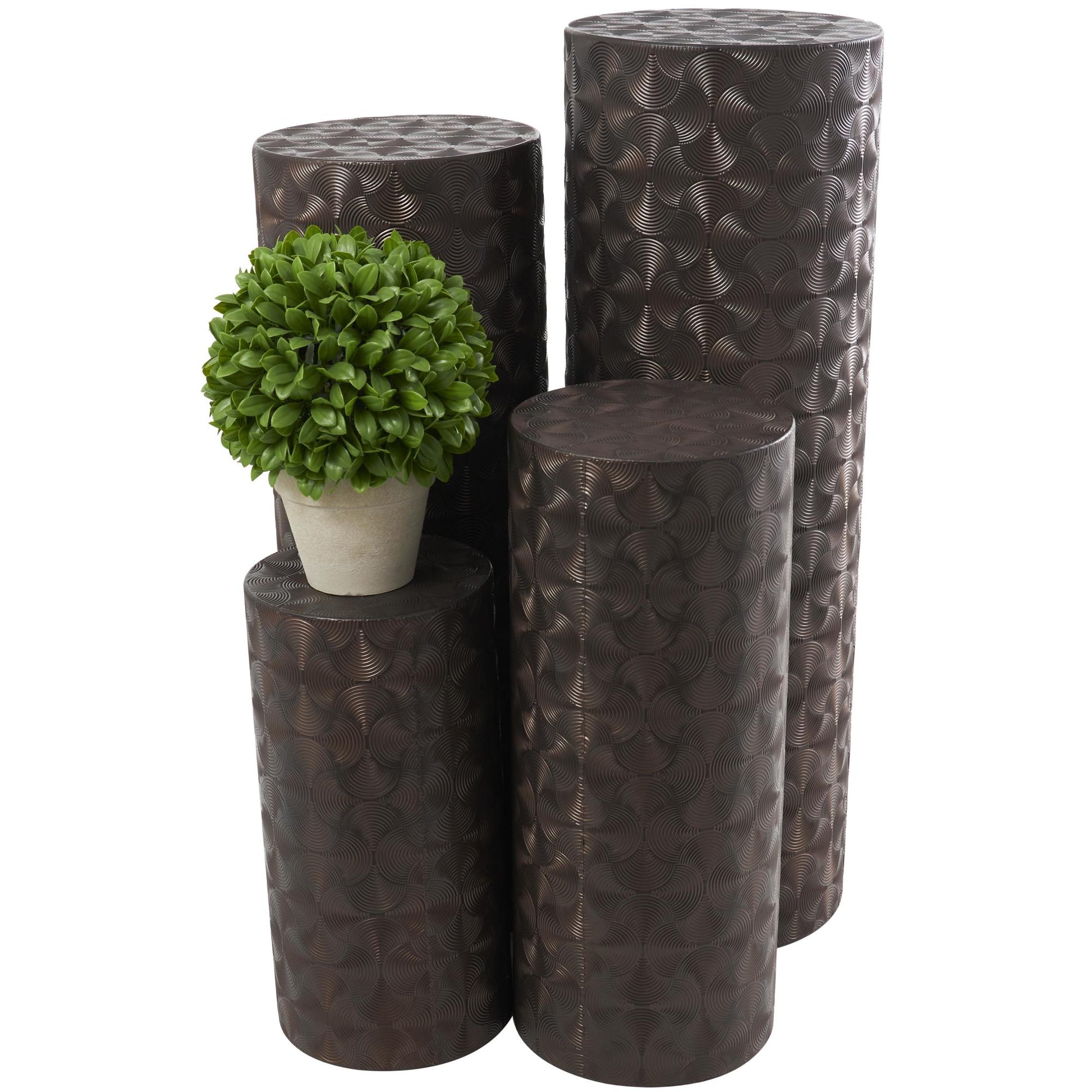 Set of 4 Metal Pillar Style Side End Pedestal Table with Hammered Design