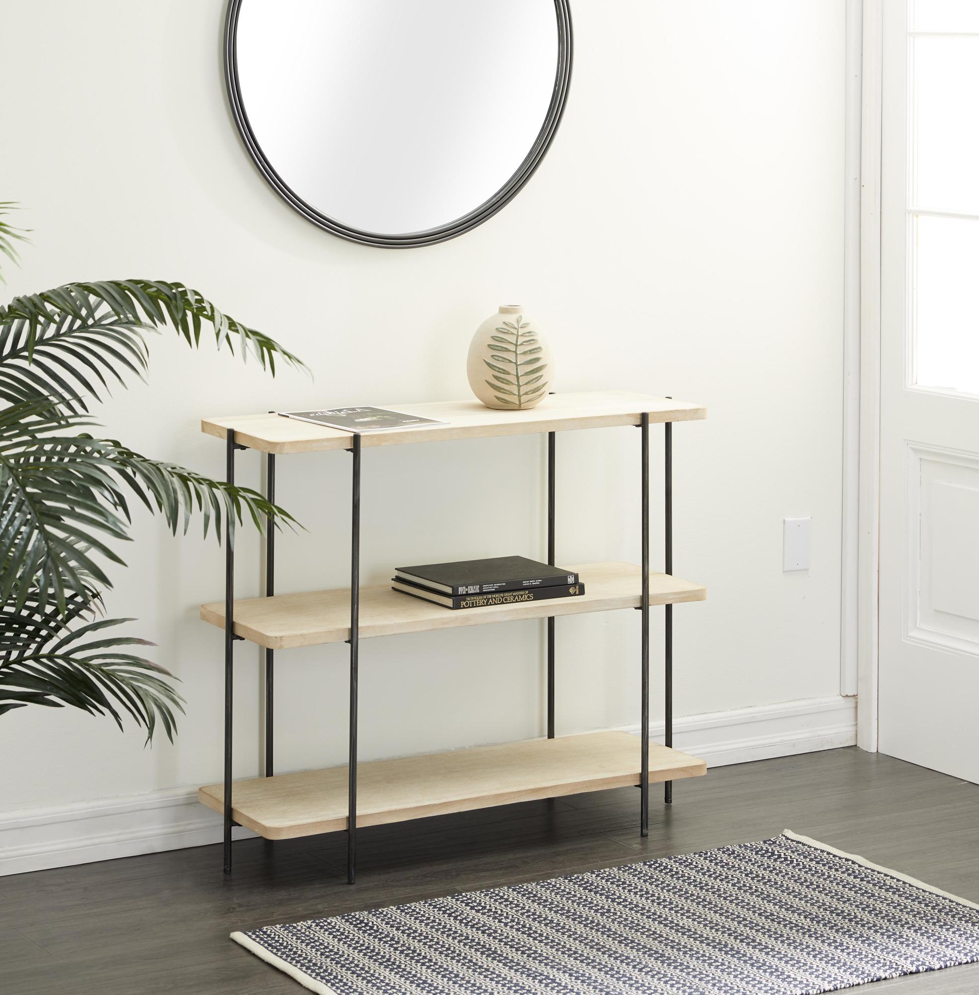 Beige Wood Rounded Rectangular 2 Shelf Living Room Console Table with Slim Black Metal Legs