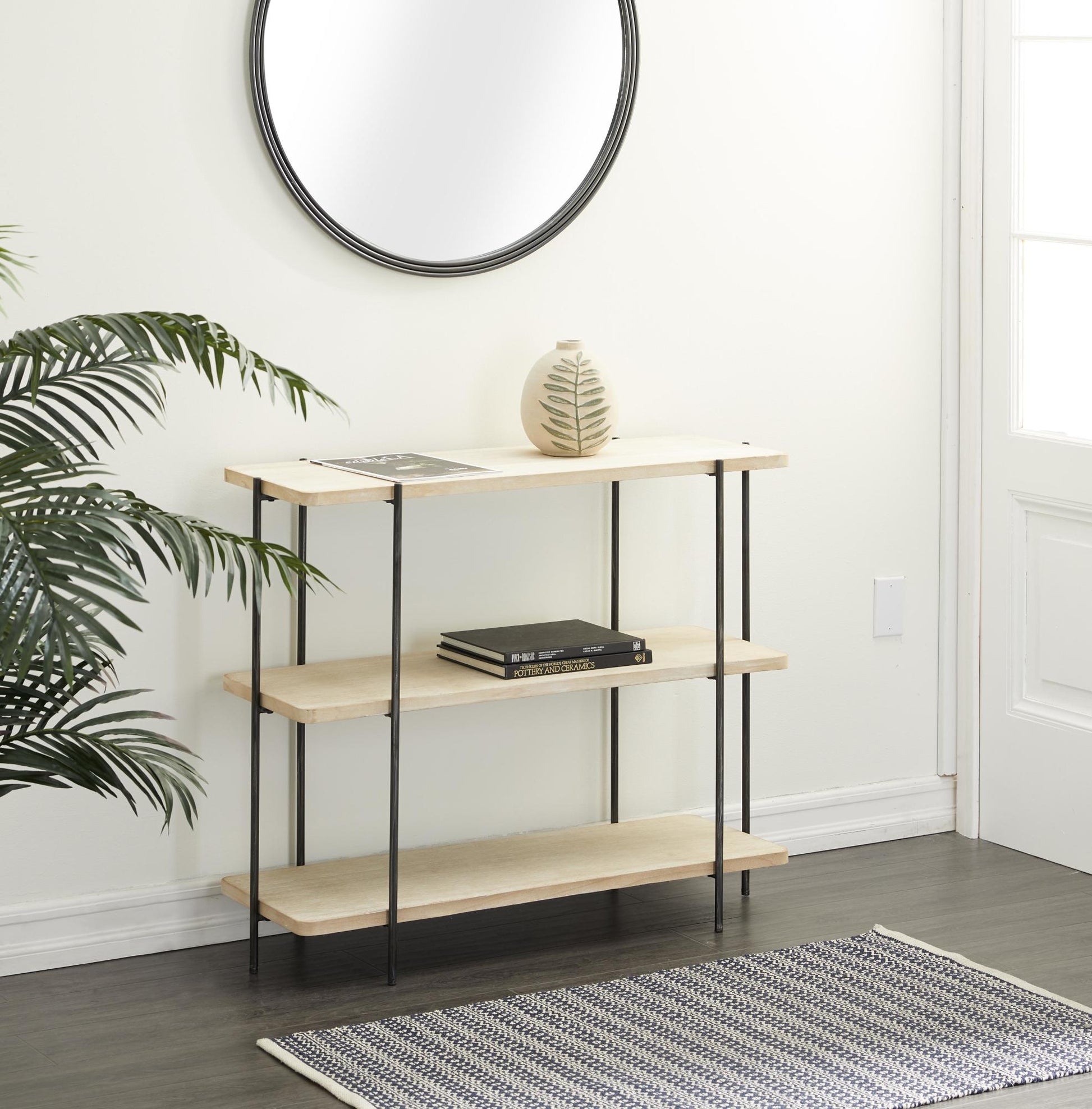 Beige Wood Rounded Rectangular 2 Shelf Living Room Console Table with Slim Black Metal Legs