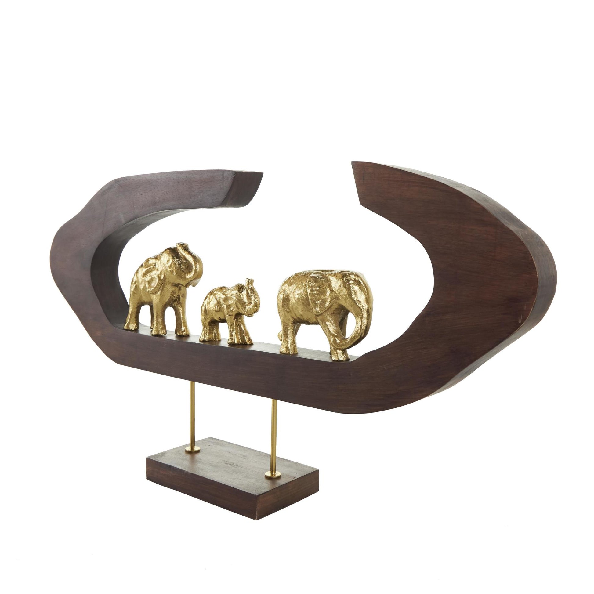Elephant Gold Aluminum Metal Decorative Sculpture with Brown Wooden Frame