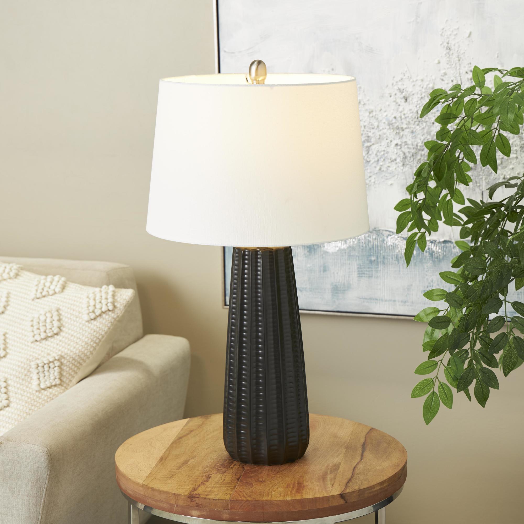Black Ceramic Ribbed Room Table Lamp with White Drum Shade