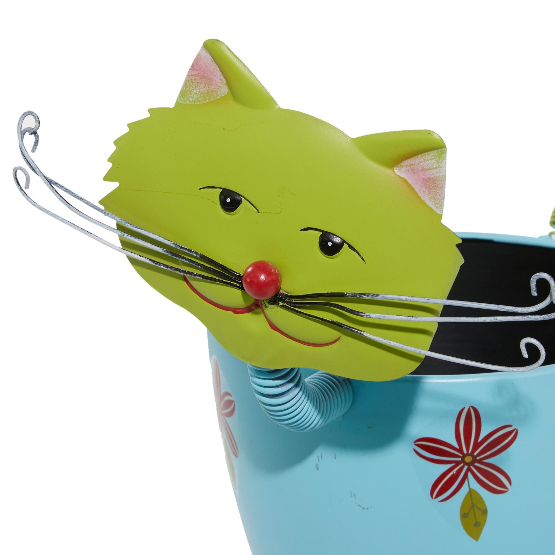 Cat Blue Metal Indoor Outdoor Planter with Flower Pattern