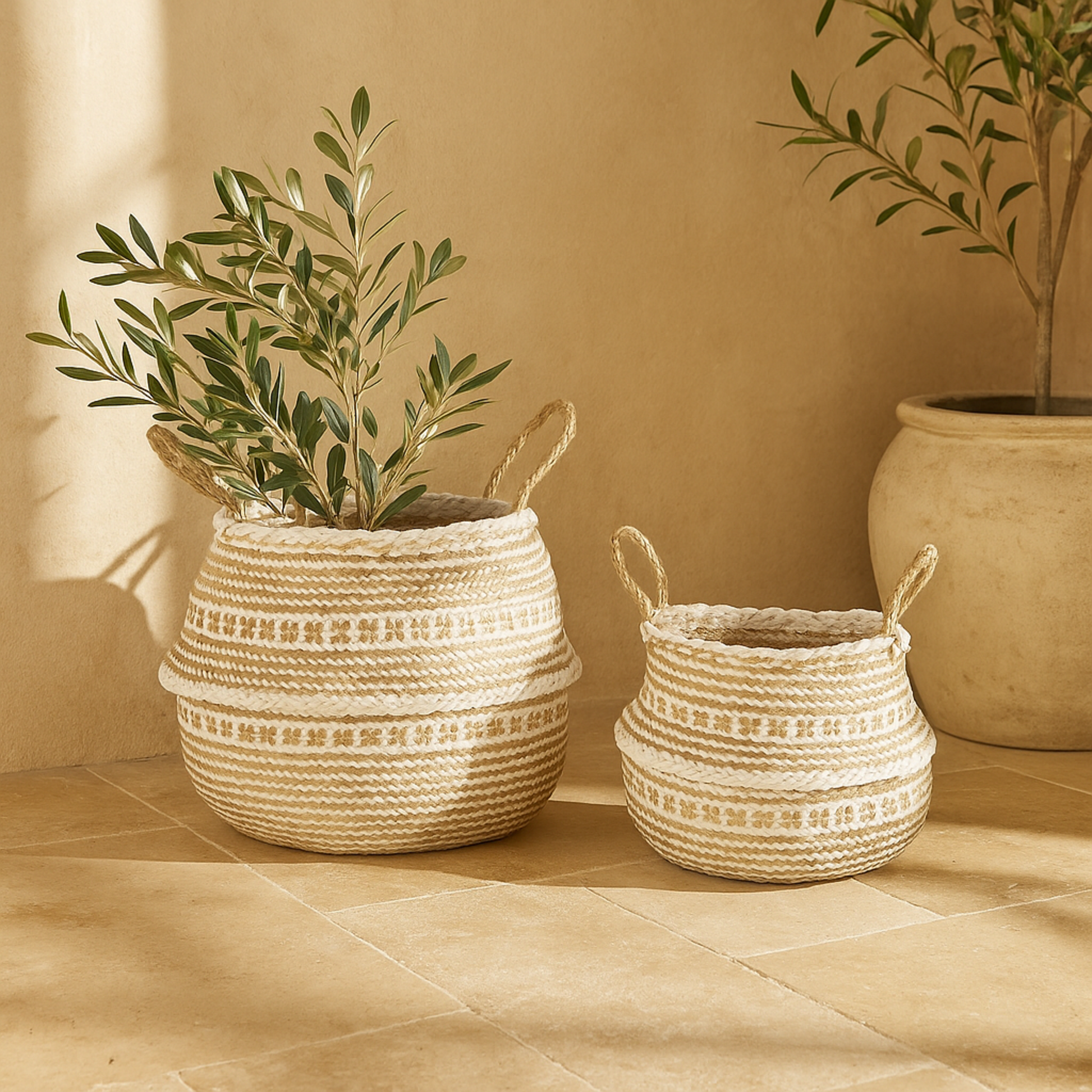 Set of 2 Brown Seagrass Handmade Patterned Decorative and Functional Storage Basket with Handles