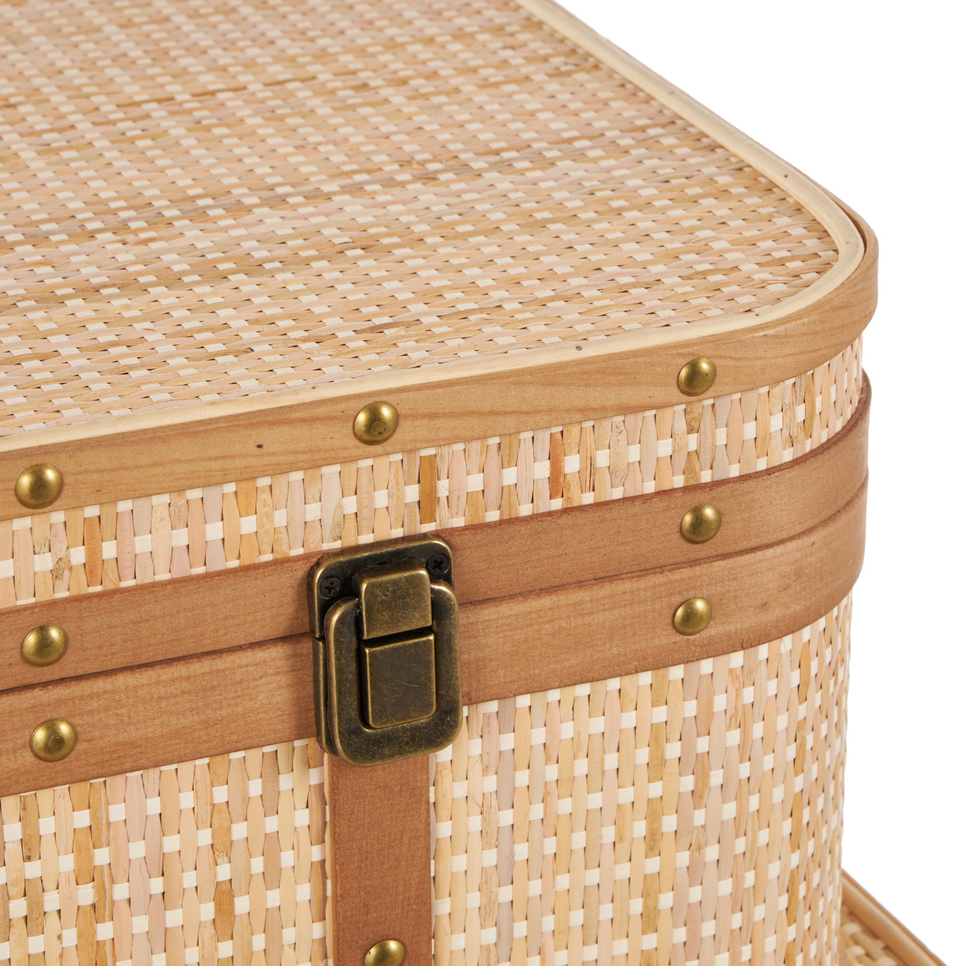 Set of 3 Light Brown Rattan Woven Decorative Trunk with Brass Metal Latches and Brown Wooden Accents
