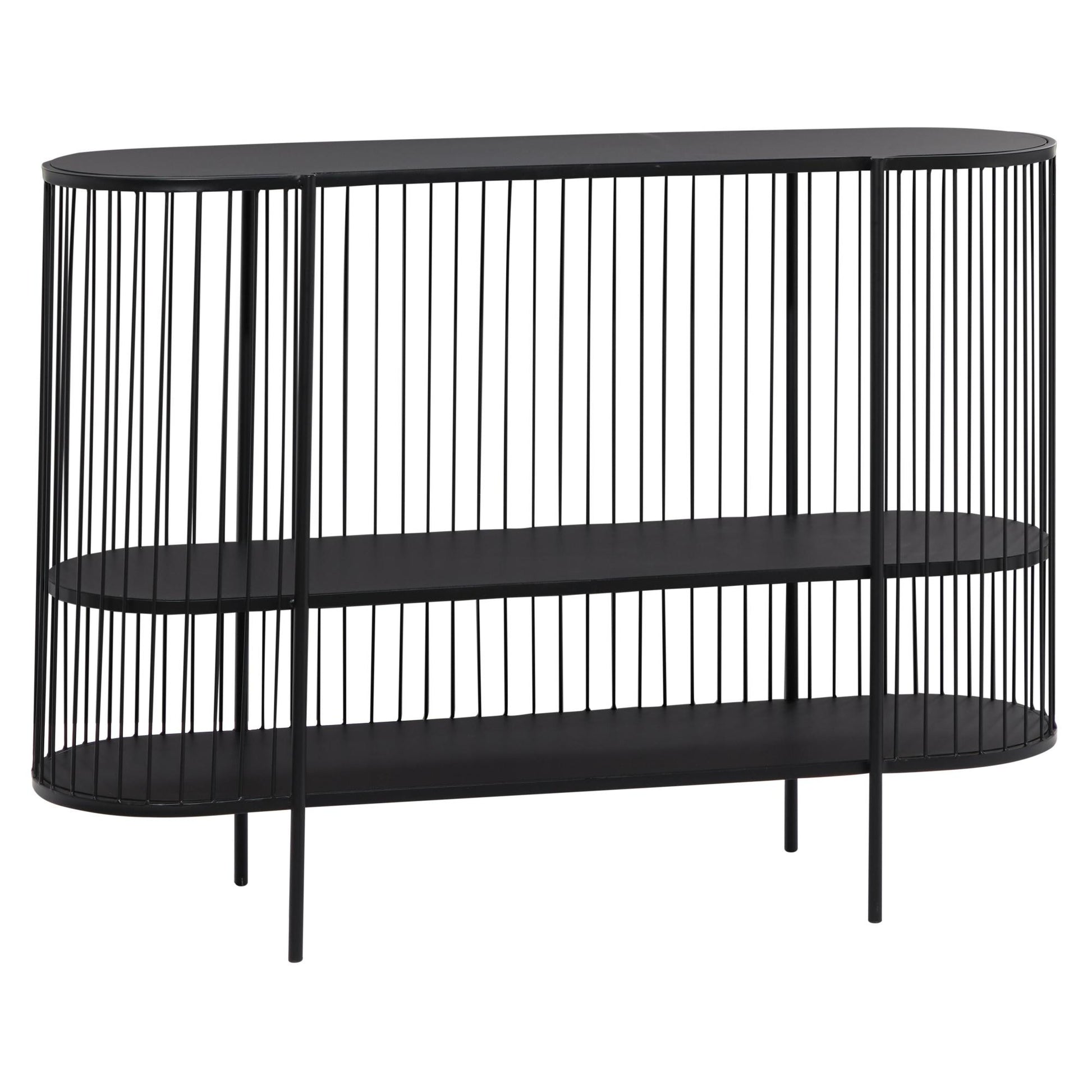 Black Metal Narrow Oval 2 Shelf Living Room Console Table with Open Wire Frame