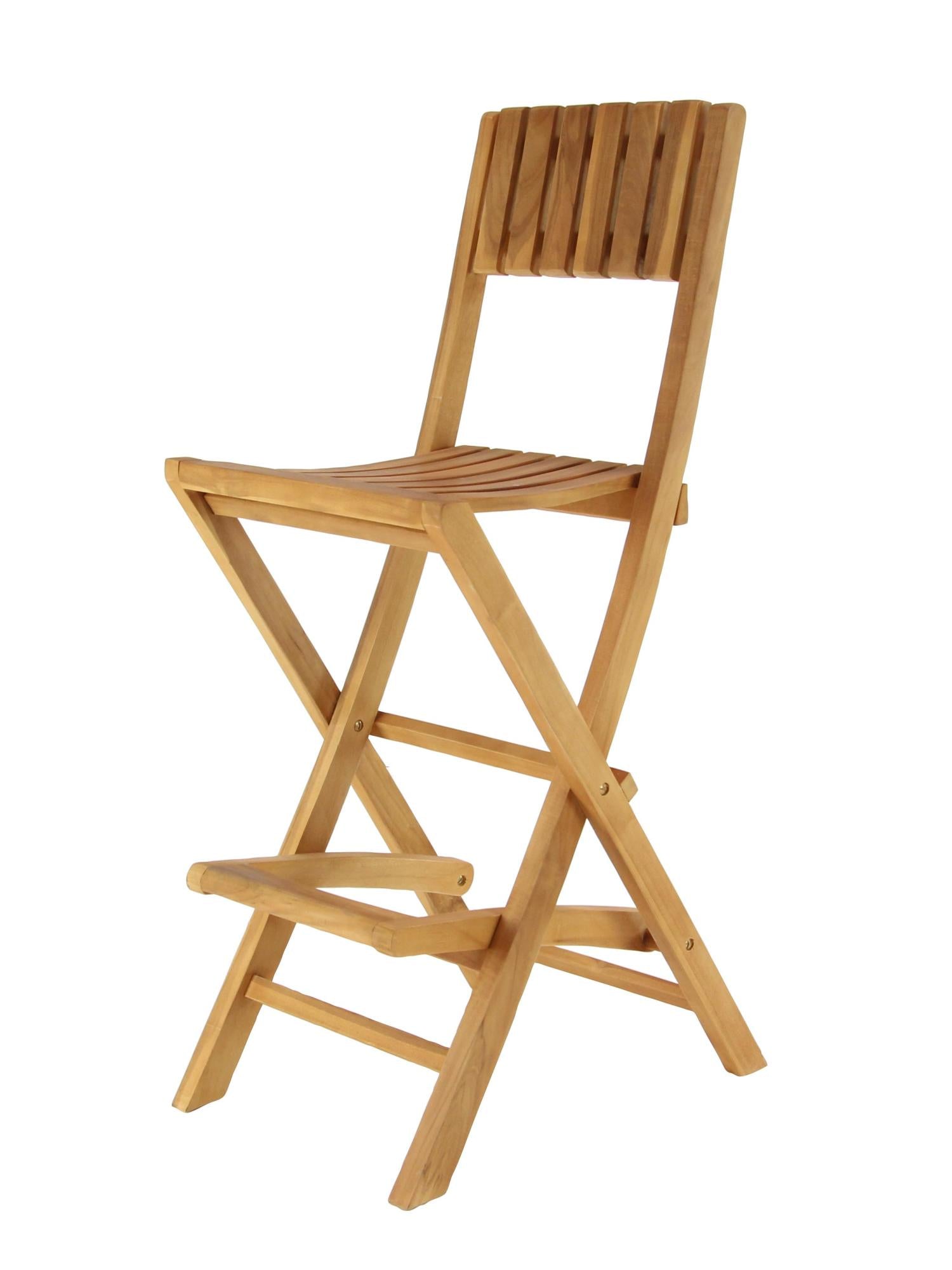 Set of 2 Brown Teak Wood Indoor Outdoor Slatted Folding Kitchen Bar Stool with Footrest