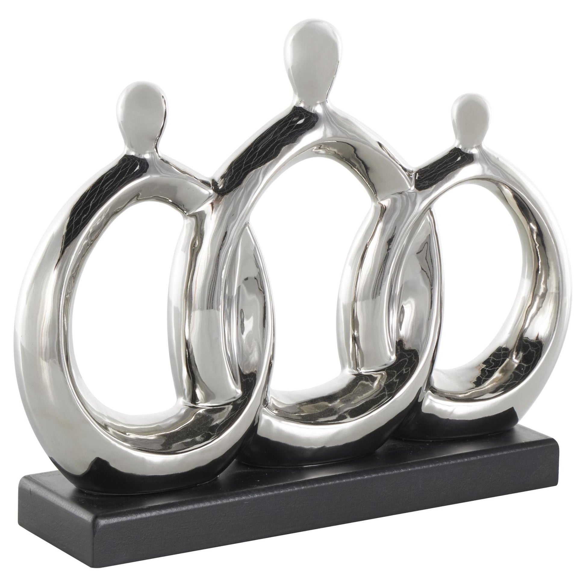 Family Silver Ceramic 3 Figure Decorative Sculpture with Black Rectangular Base
