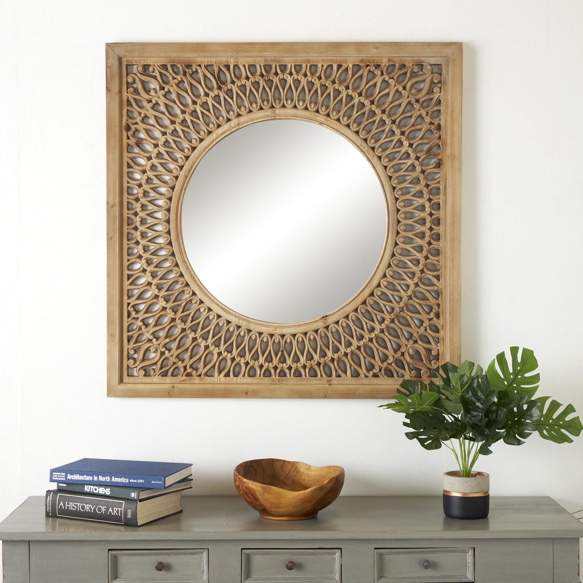 Scroll Brown Wood Room Wall Mirror with Carved Cutouts