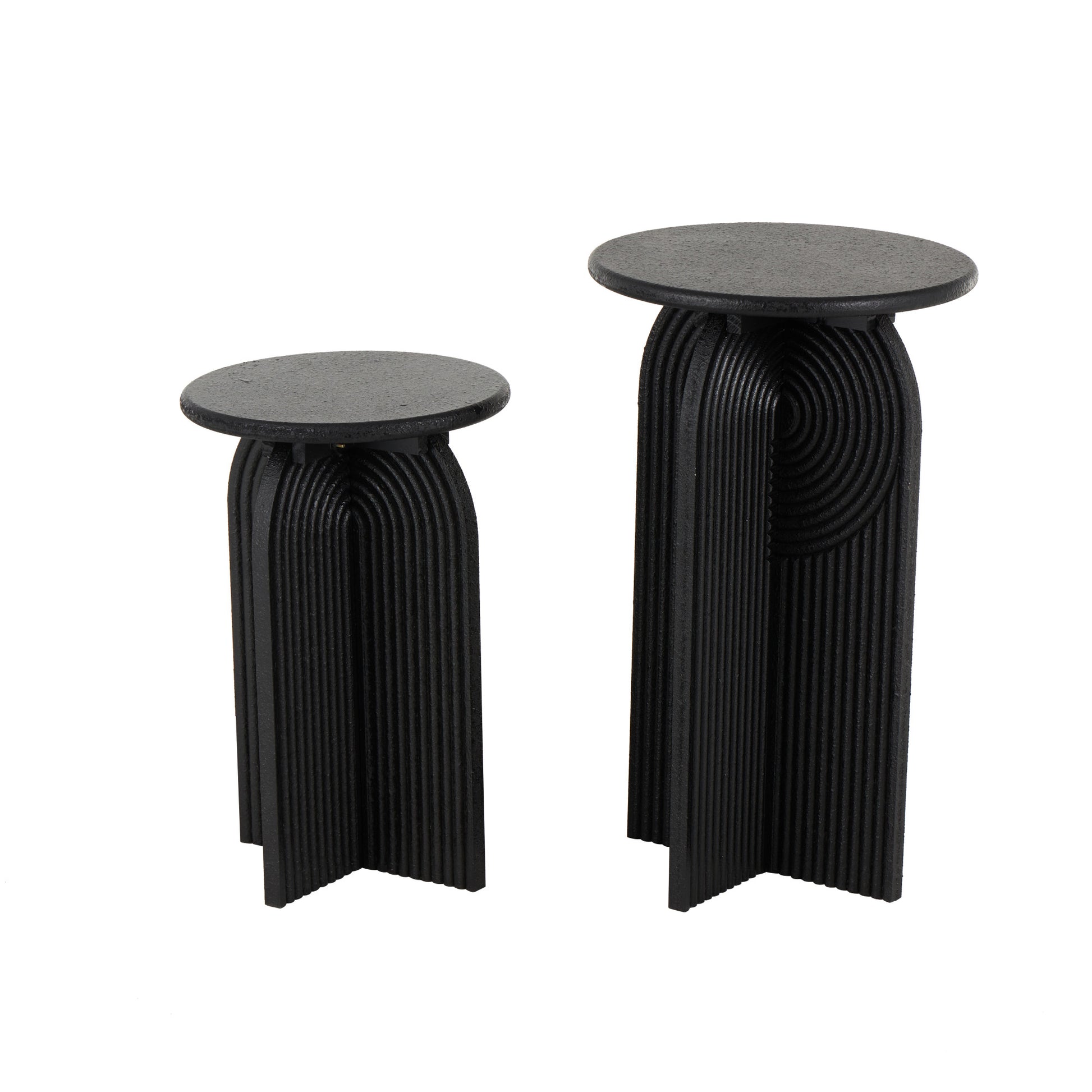Set of 2 Geometric Black Wood Sandstone Carved Art Deco Arched Pedestal Side End Accent Table