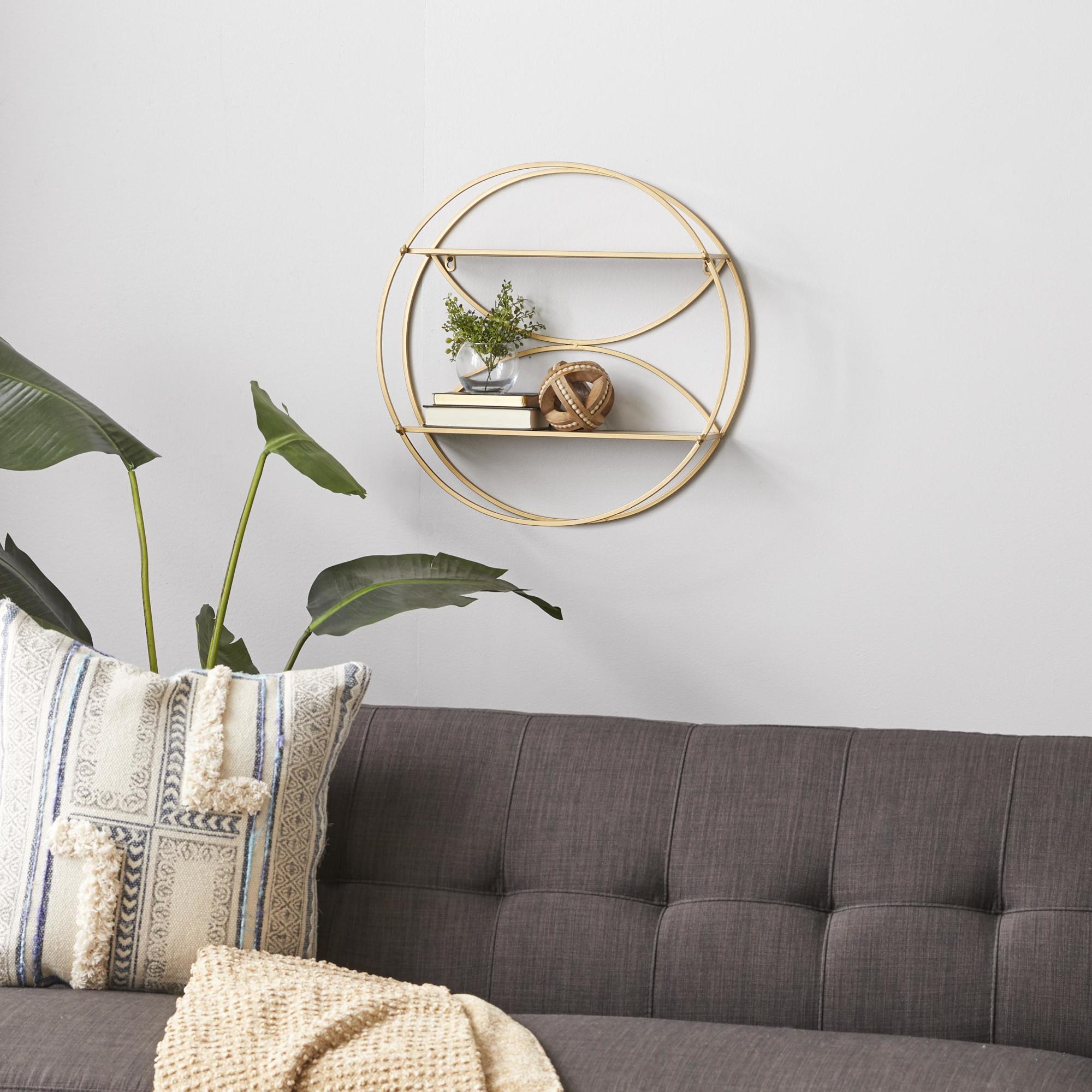 CosmoLiving by Cosmopolitan Geometric Gold Metal Round 2 Shelves Room Wall Shelf