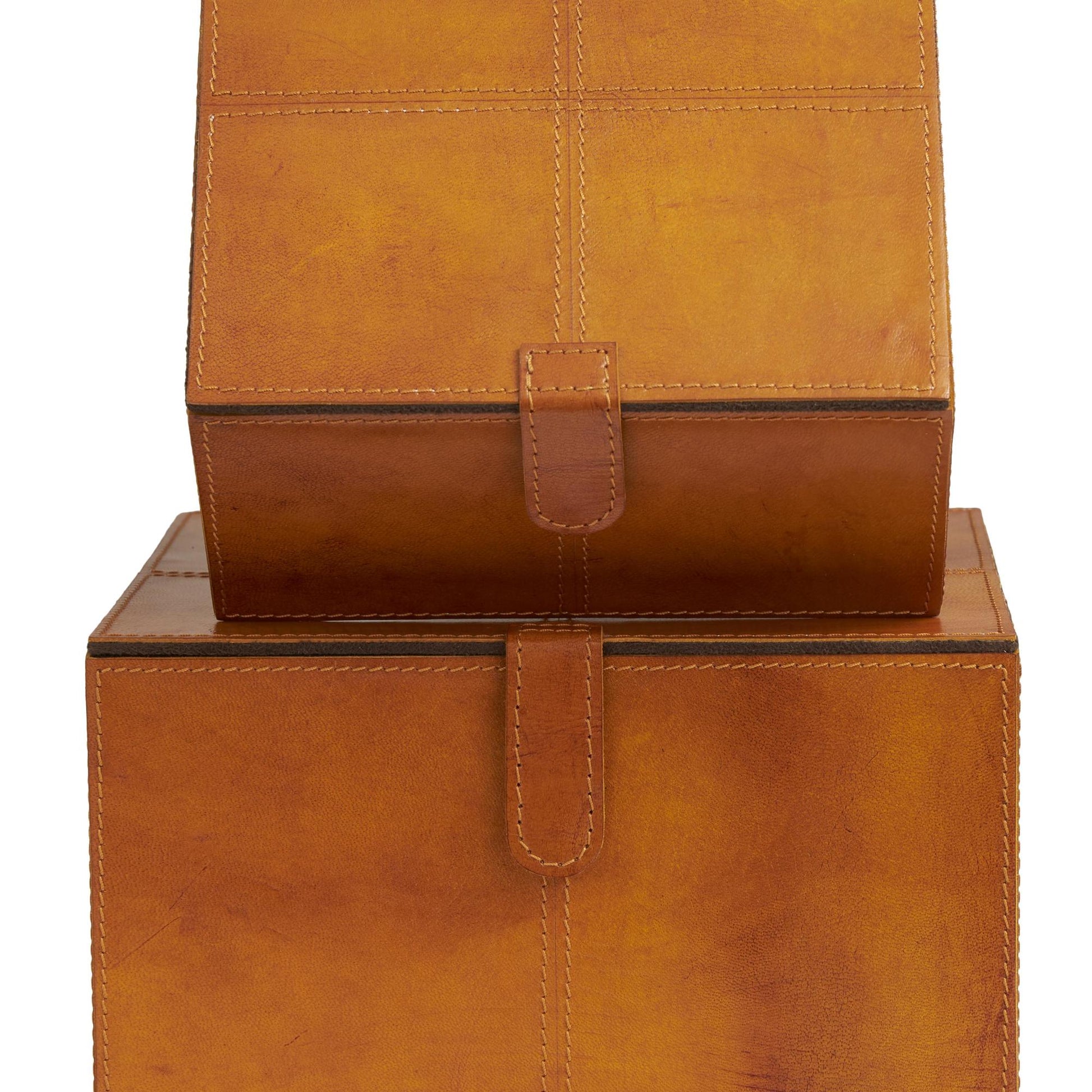Set of 2 Leather Handmade Storage Decorative Box with Snap Front Closure and Detailed Stitching
