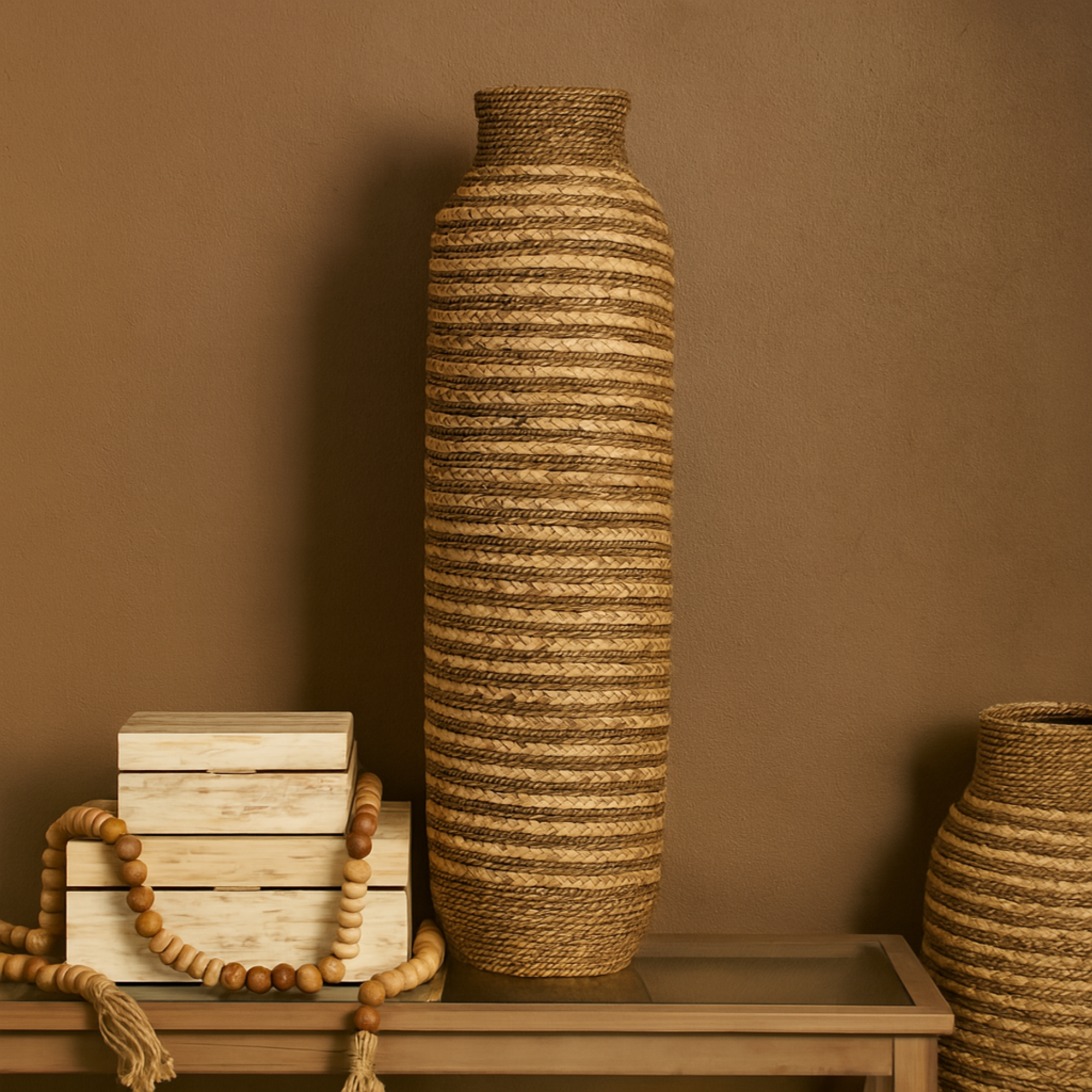 Brown Seagrass Handmade Slim Woven Tall Decorative Vase