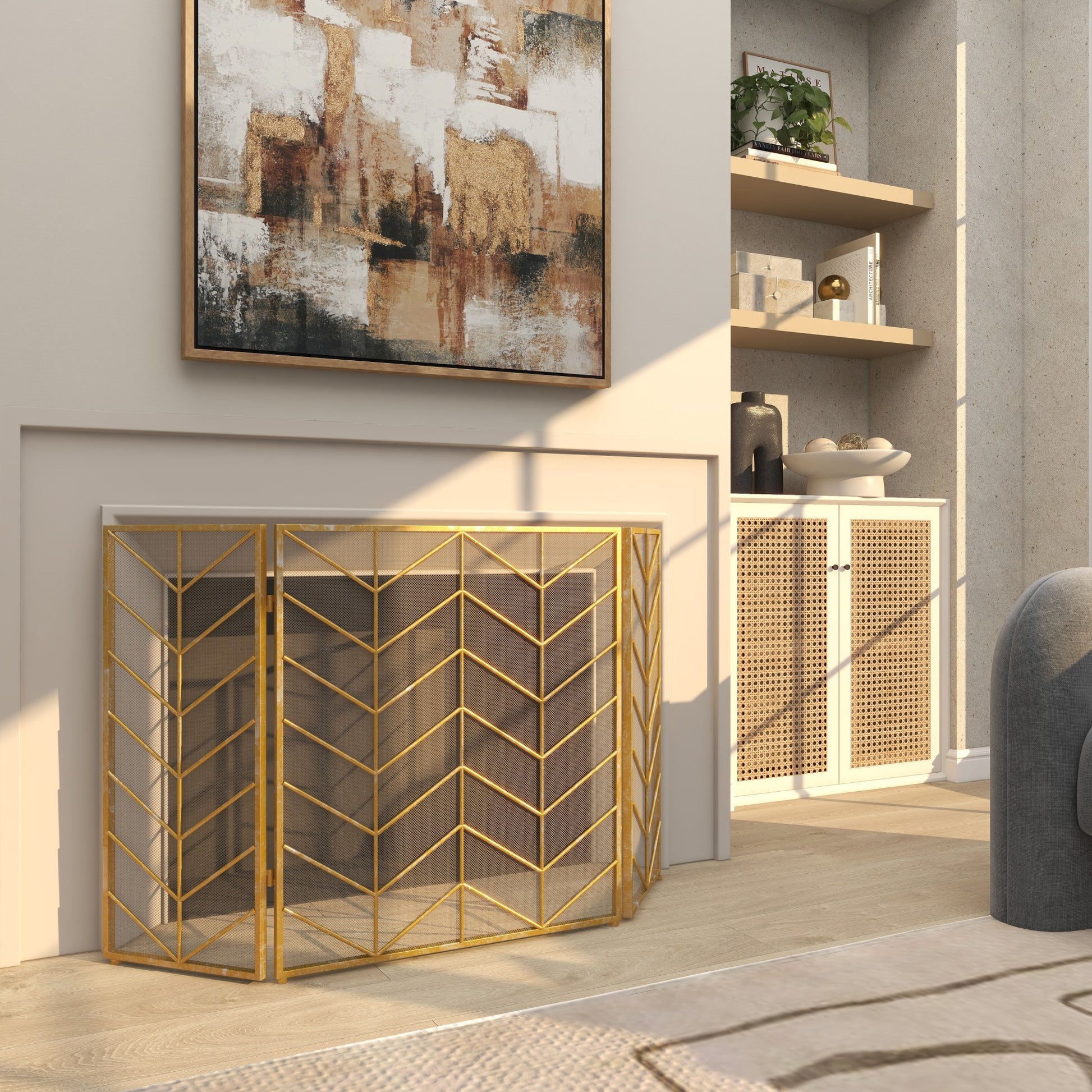 Geometric Metal Foldable Mesh Netting 3 Panel Living Room Fireplace Screen with Chevron Pattern