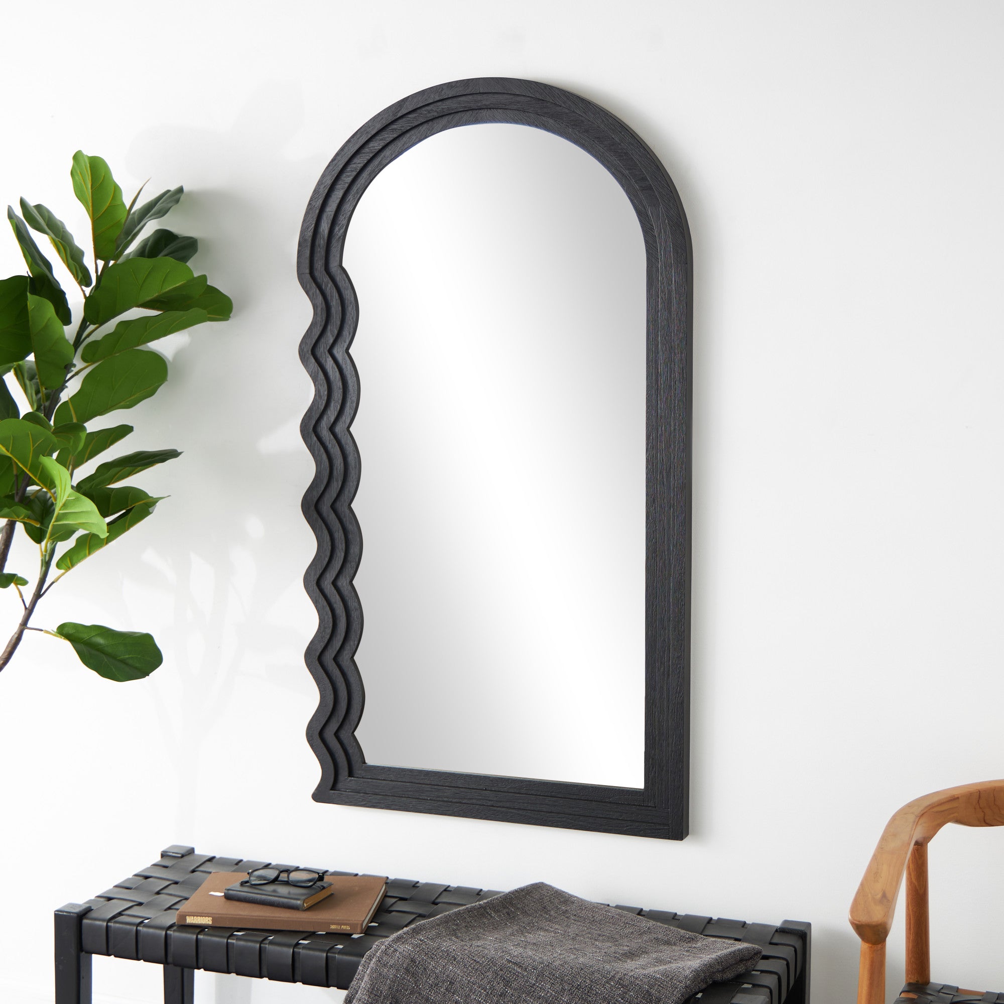 Black Wood Handmade Wavy Room Wall Mirror with Dimensional Carved Frame