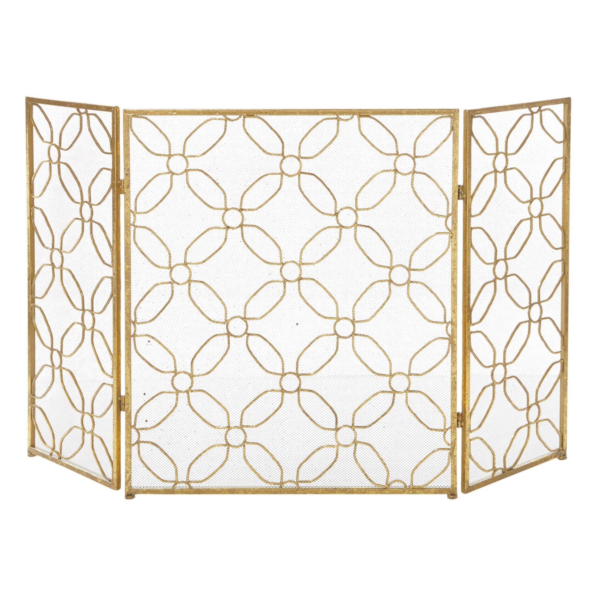 Geometric Gold Metal Foldable Mesh Netting 3 Panel Living Room Fireplace Screen