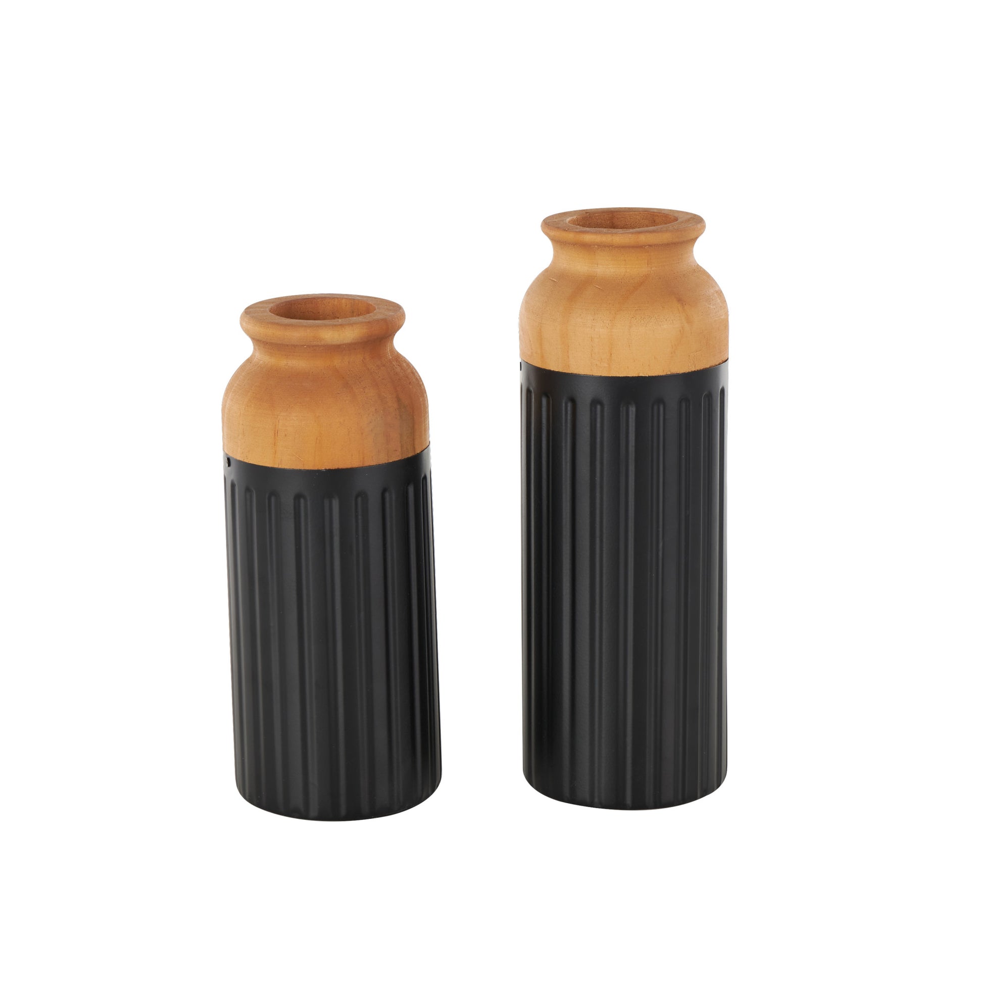 Set of 2 Metal Color Block Decorative Vase with Rounded Linear Grooves and Brown Wood Tops