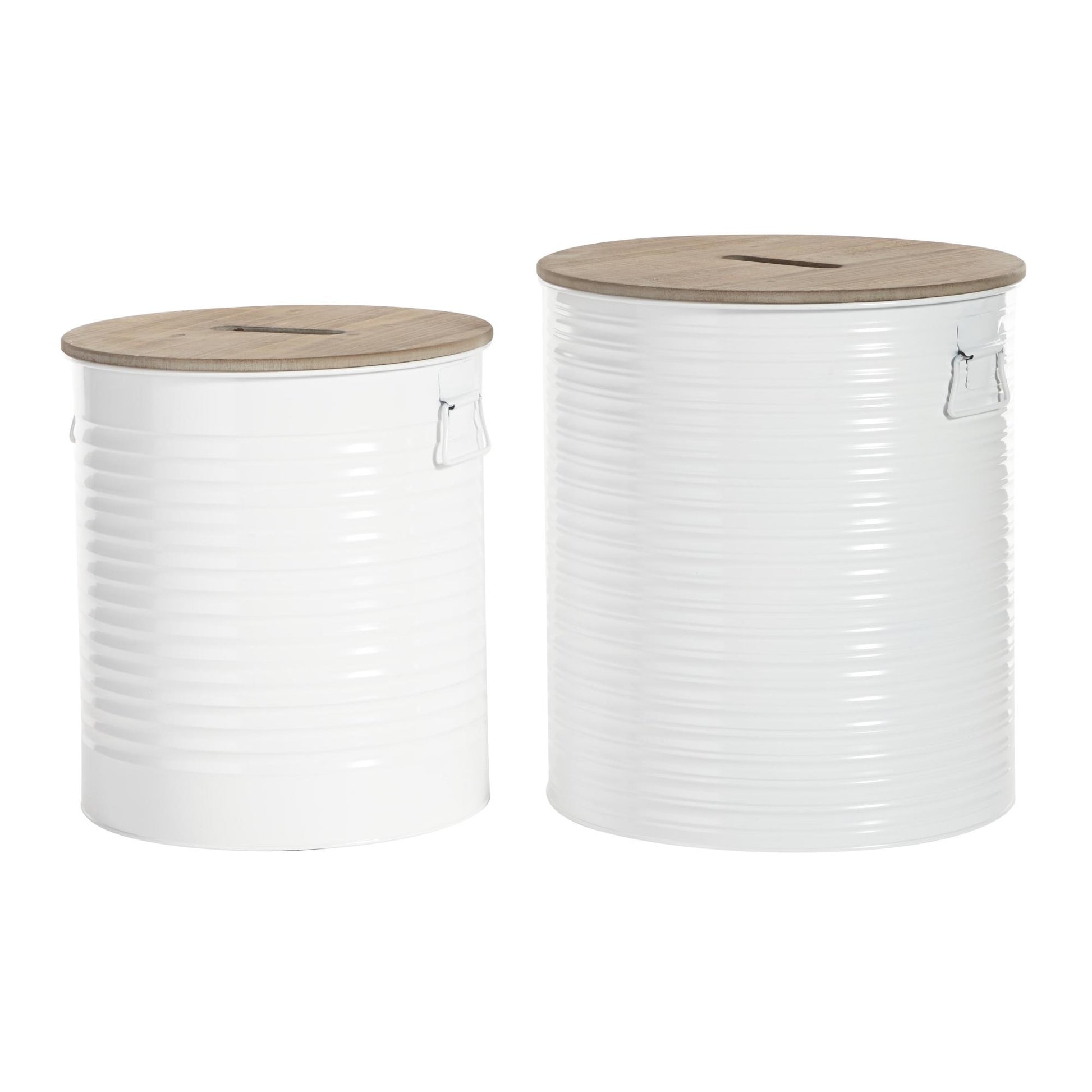 Set of 2 White Metal Room Storage Stool with Brown Wood Top
