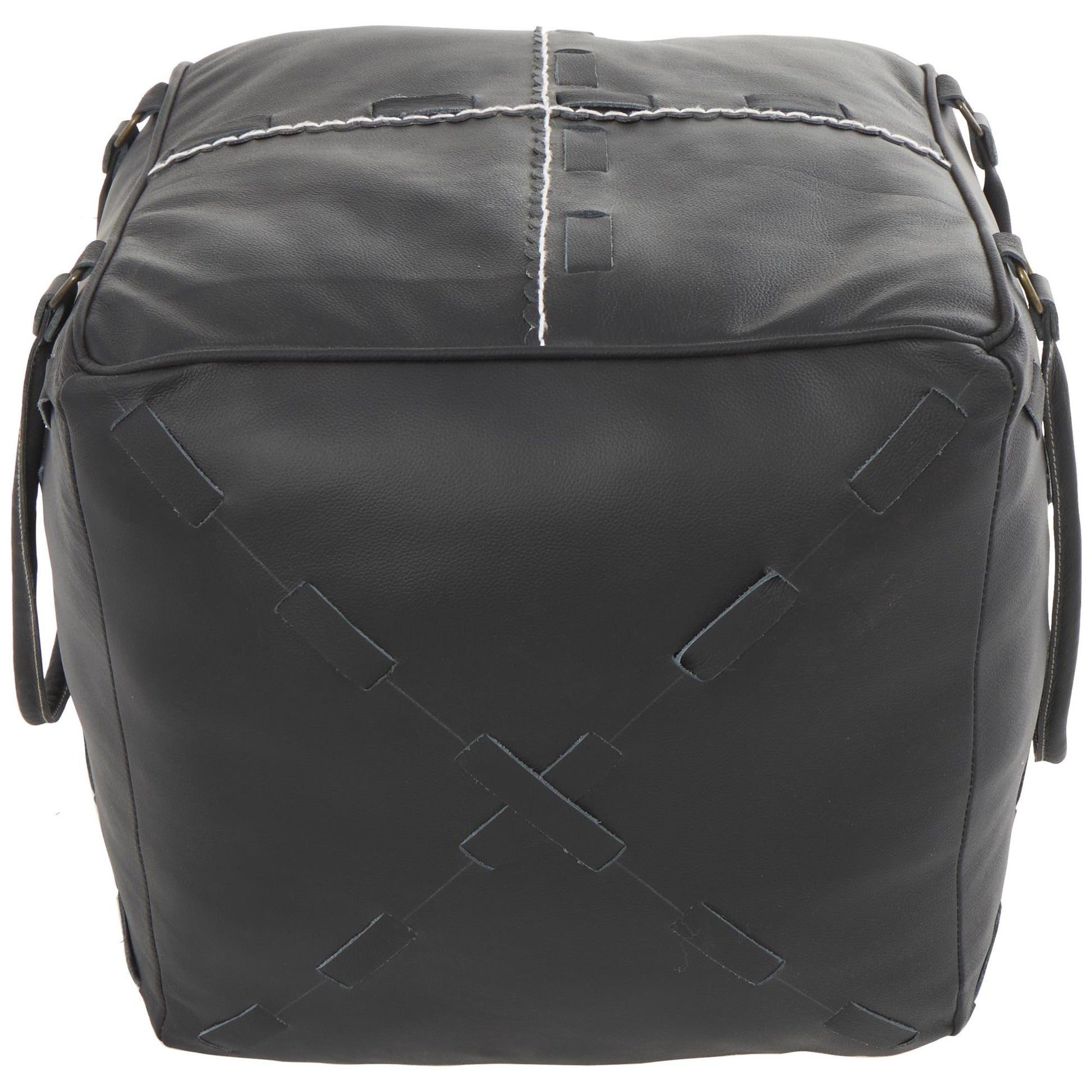 Leather Stuffed Pouf with Woven Straps and Handles