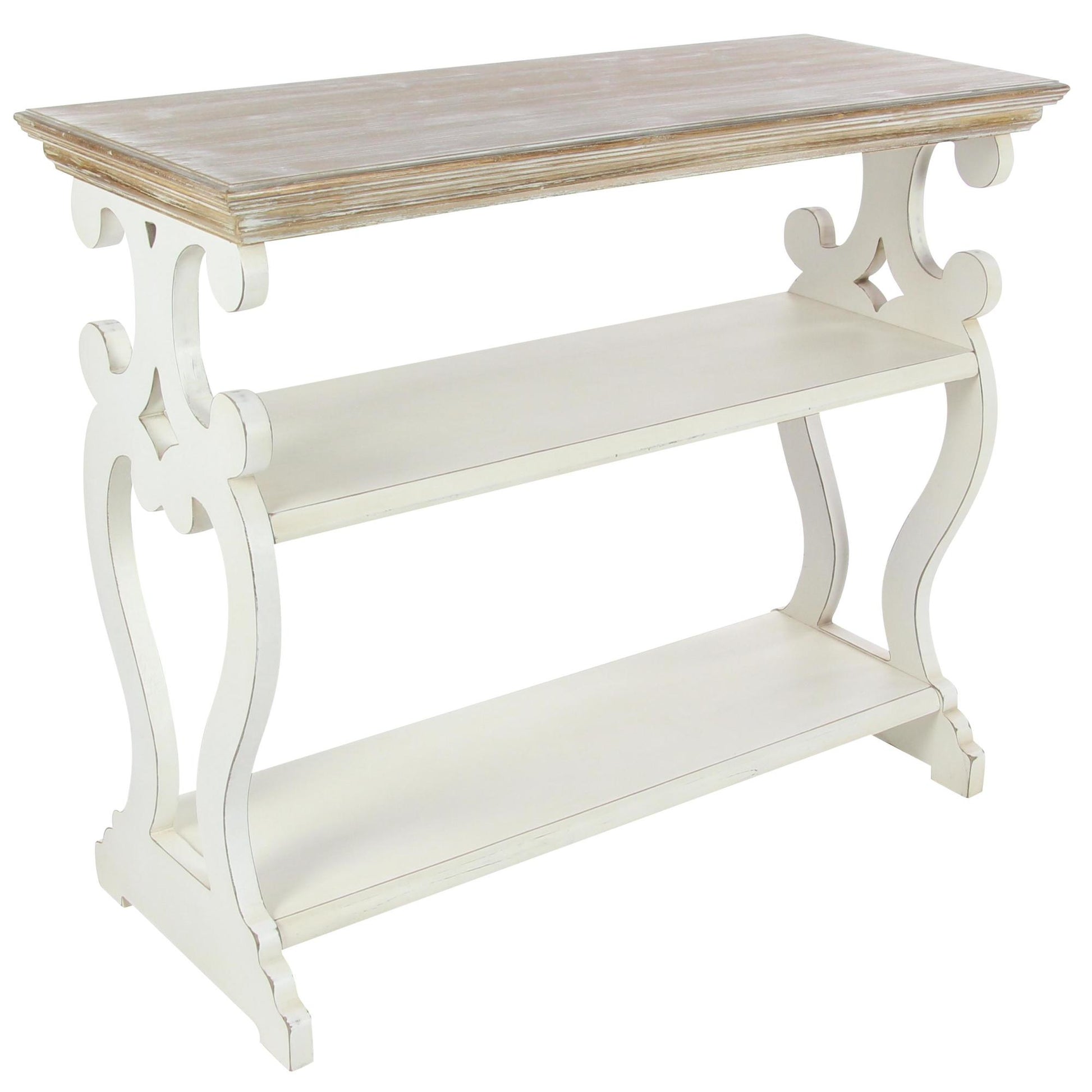 Scroll Wood 2 Shelf Living Room Console Table with Brown Wood Top 38" x 15" x 32"