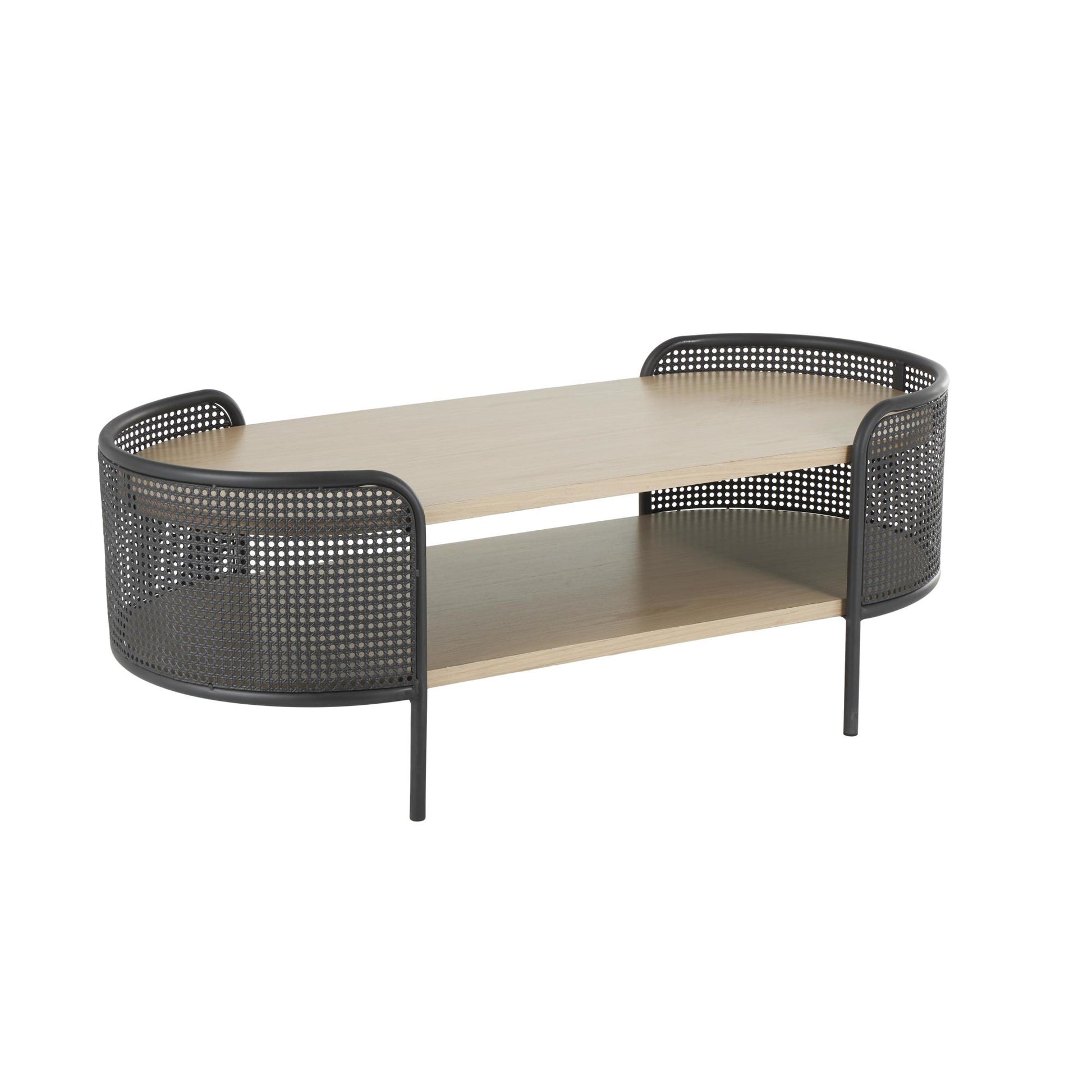 Light Brown Wooden Oval Two-Toned Living Room Coffee Table with Mesh Side Panels and Brown Wood Tabletop