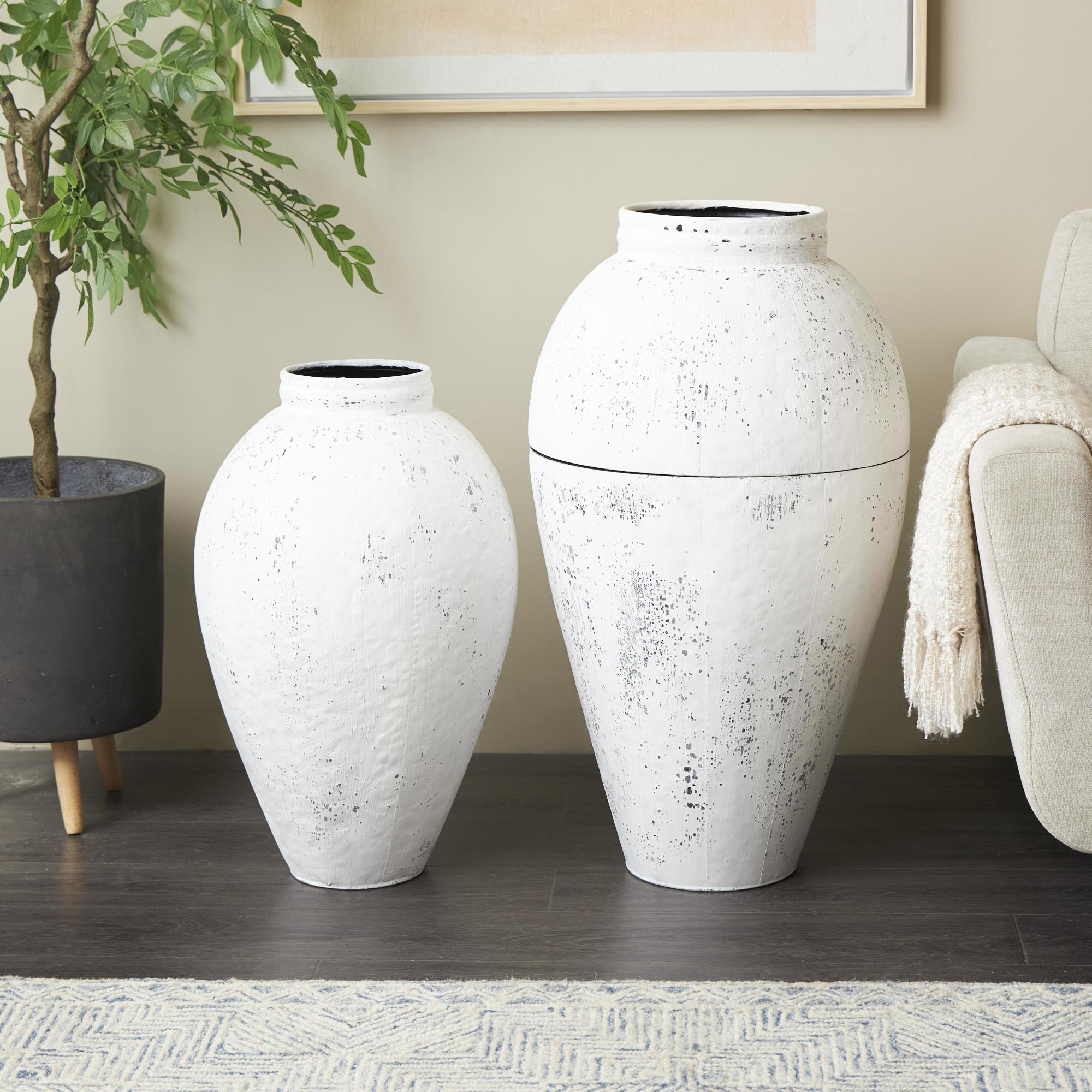 Set of 2 White Metal Tall Distressed Pot Floor Decorative Vase