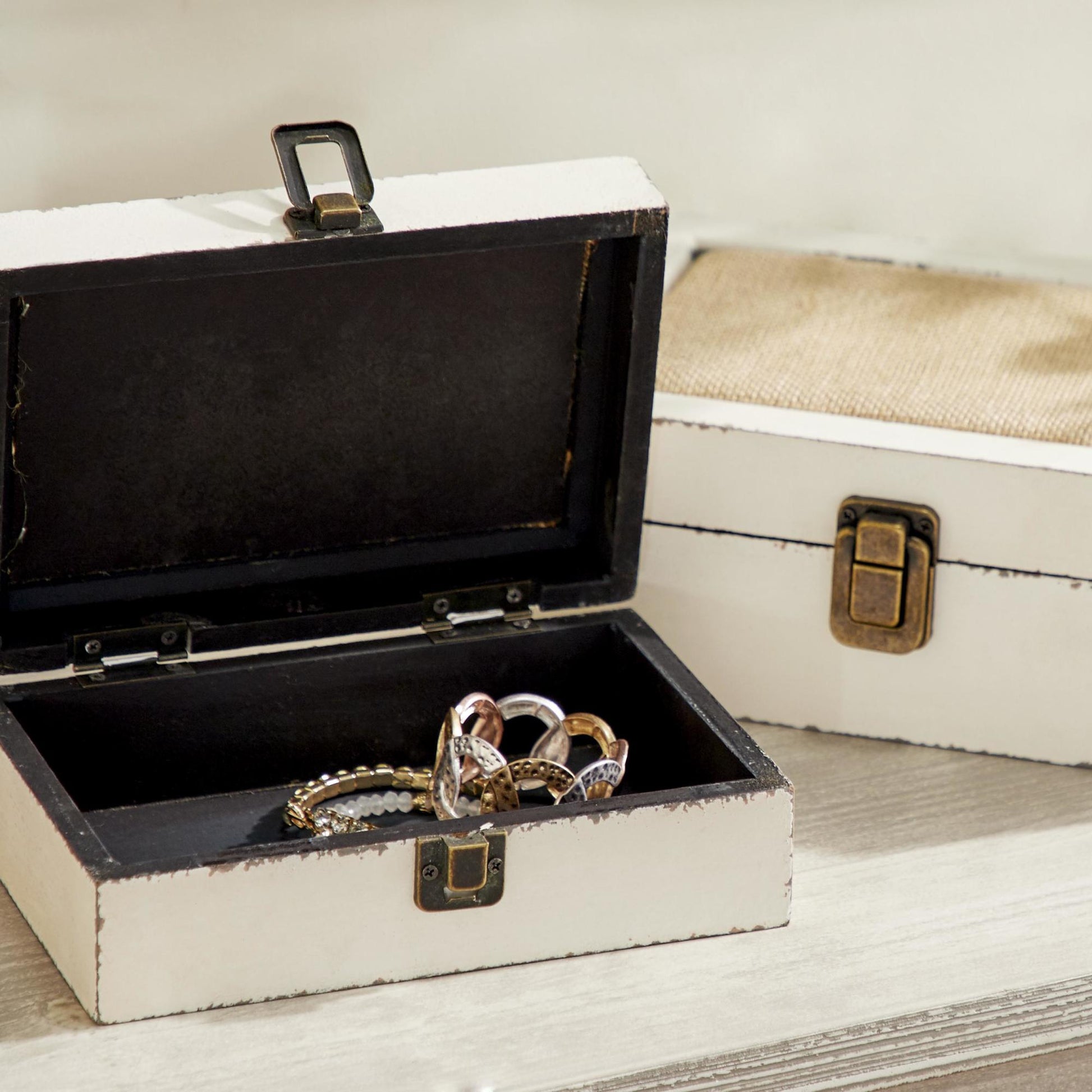 Set of 2 White Wooden Decorative Box with Hinged Lid