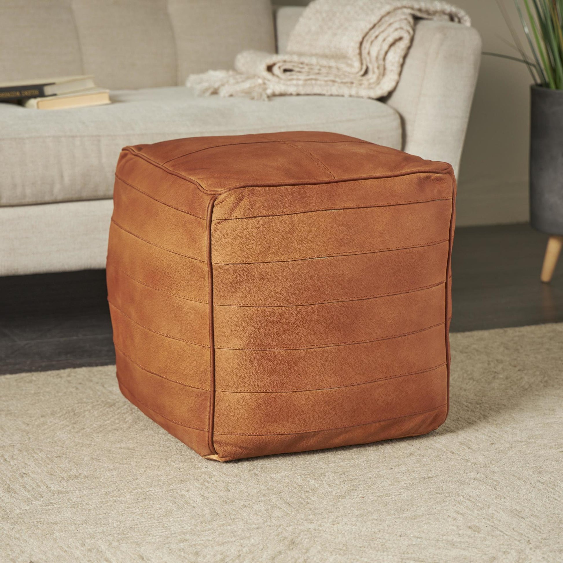 Leather Stuffed Pouf with Linear Panels