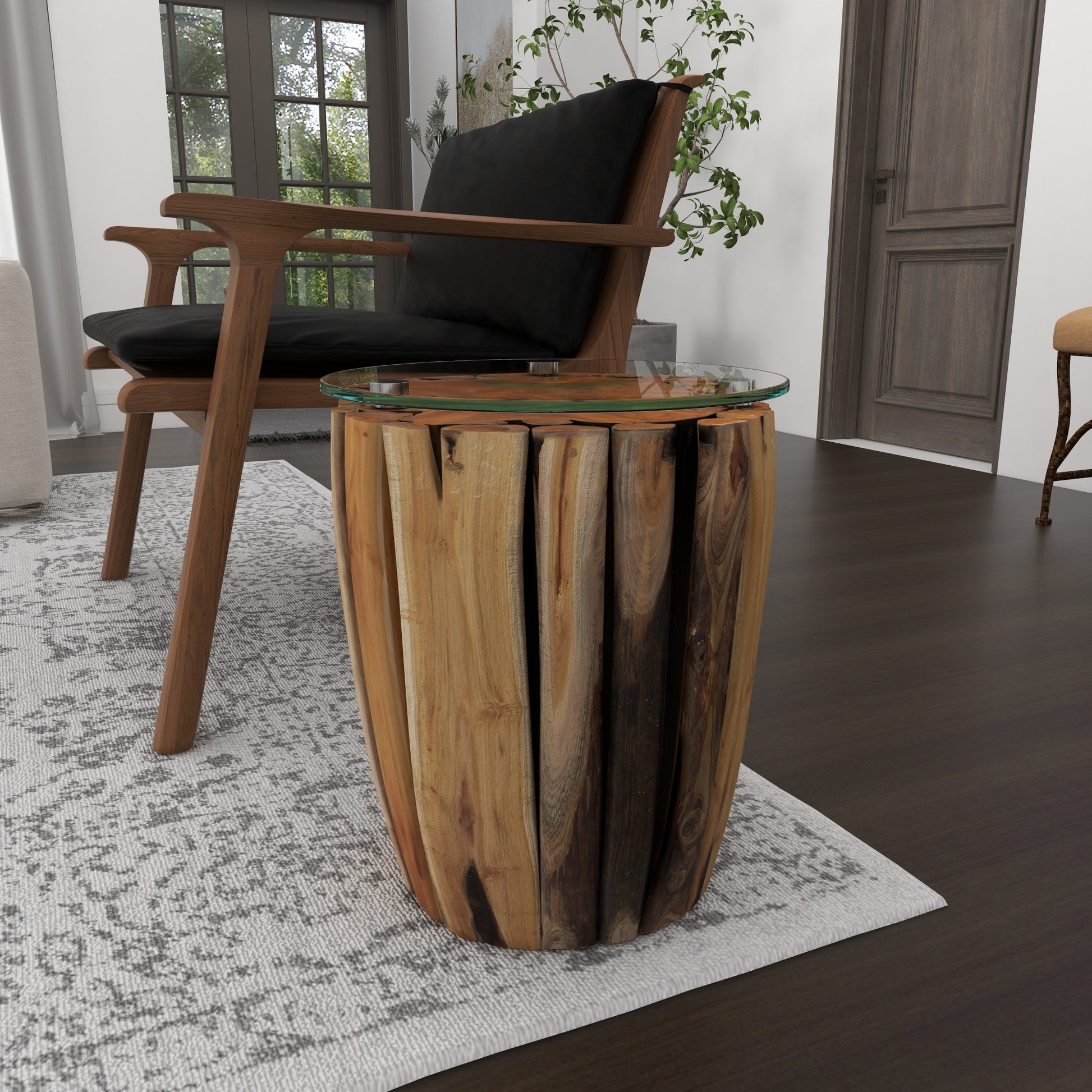 Brown Teak Wood Handmade Live Edge Tree Branch Side End Accent Table with Clear Glass Top