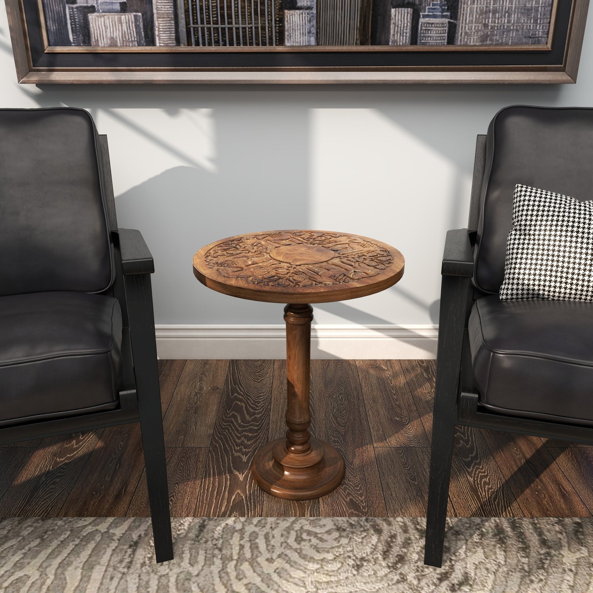 Floral Mango Wood Handmade Intricately Carved Side End Accent Table with Turned Base 17" x 17" x 21"