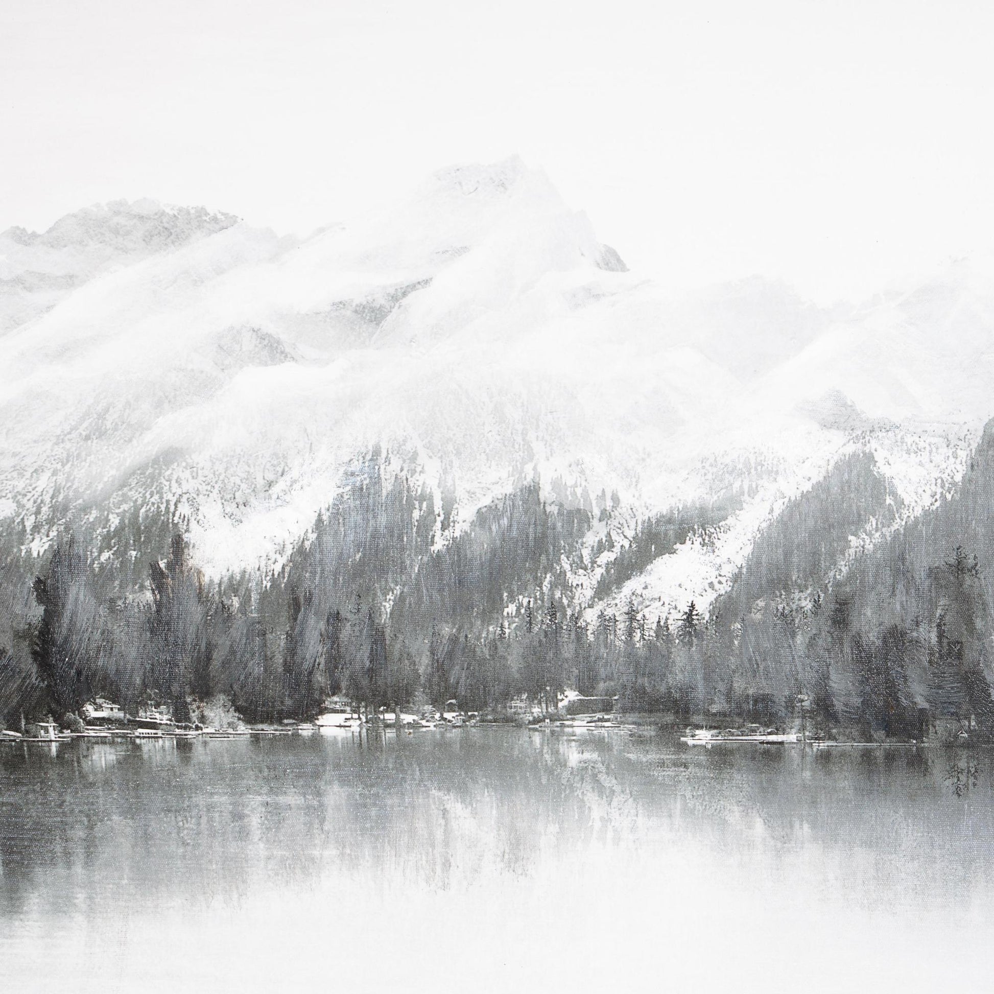 Landscape Gray Canvas Neutral Toned Lake and Mountain Living Room Framed Wall Art with Black Frame