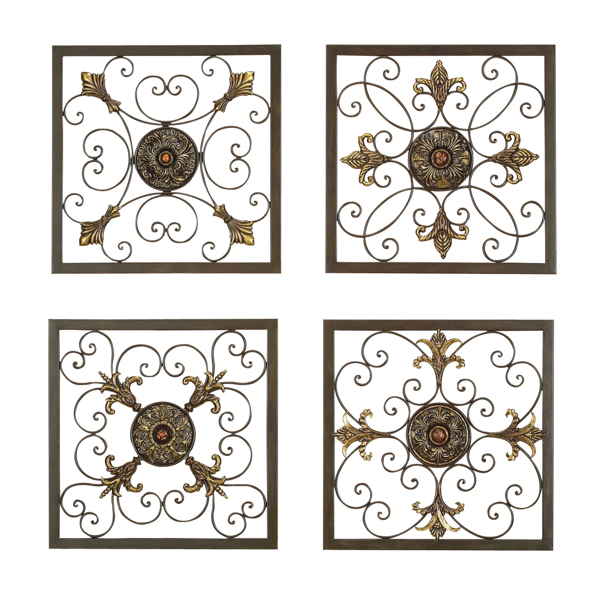Set of 4 Fleur De Lis Brown Metal Wire Scroll Home Wall Decor with Gold Accents