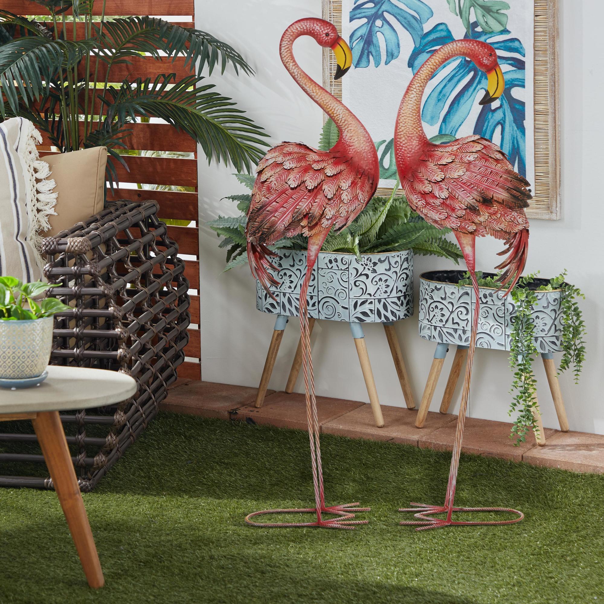 Set of 2 Flamingo Pink Metal Indoor Outdoor Standing Decorative Garden Sculpture with Yellow Accents