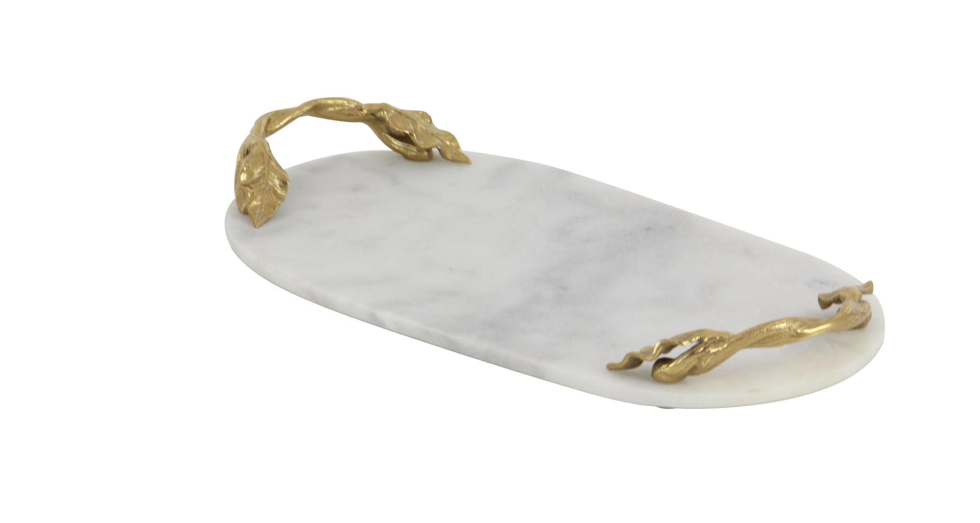 Leaf Marble Oval Living Room Decor Tray with Gold Twisted Metal Handles