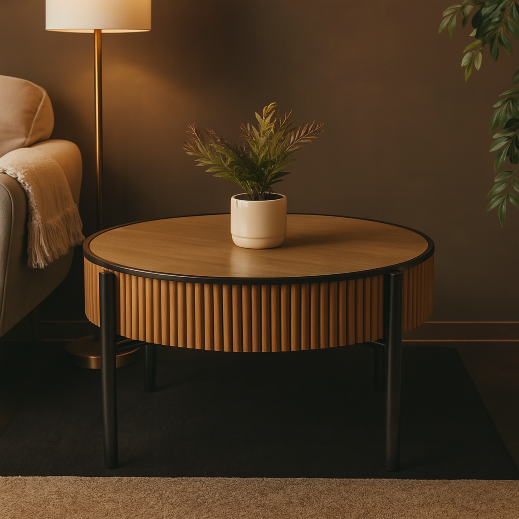 Brown Wooden Handmade Slatted Coffee Table with Black Legs