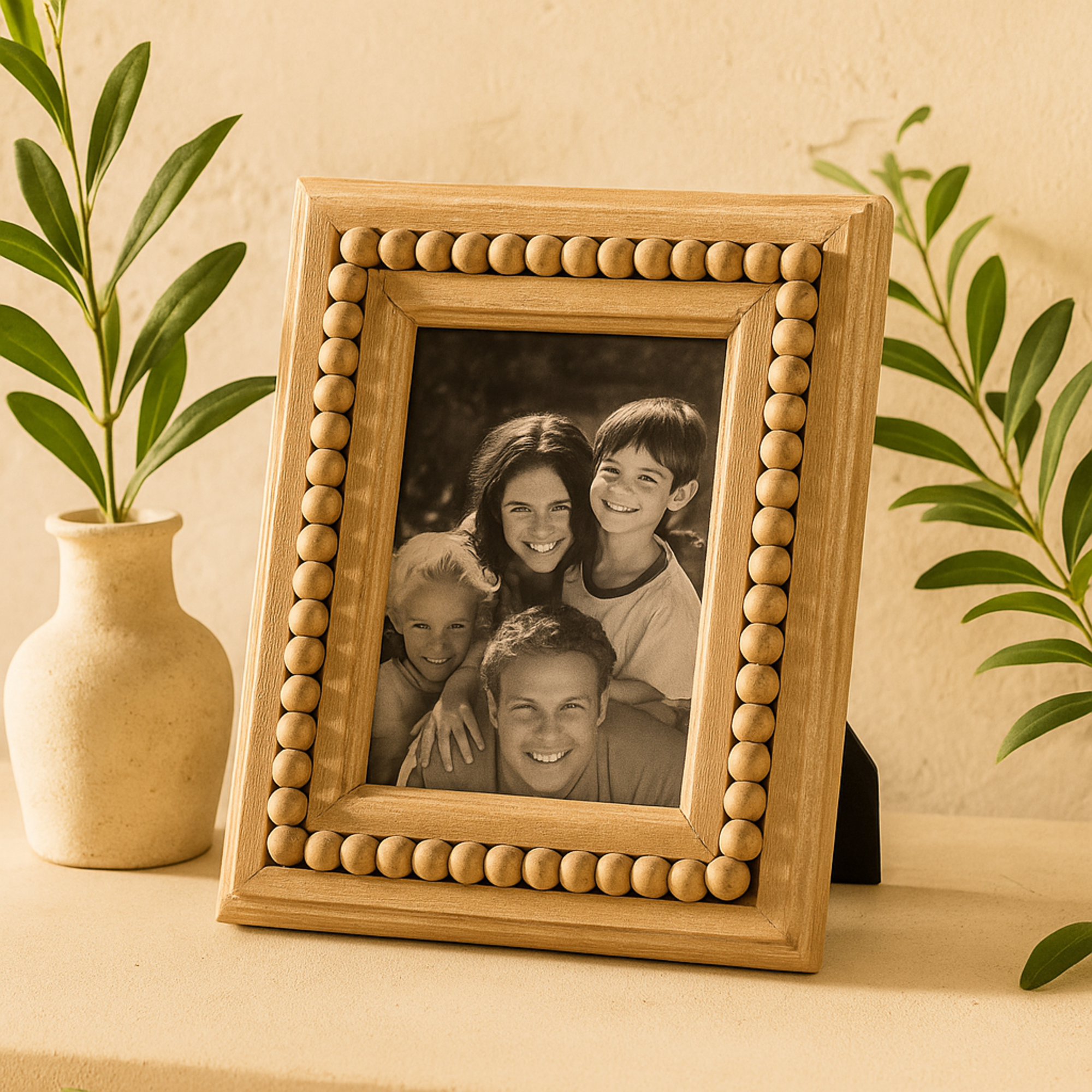 Light Brown Wood Beaded 1 Slot Ornate Photo Frame